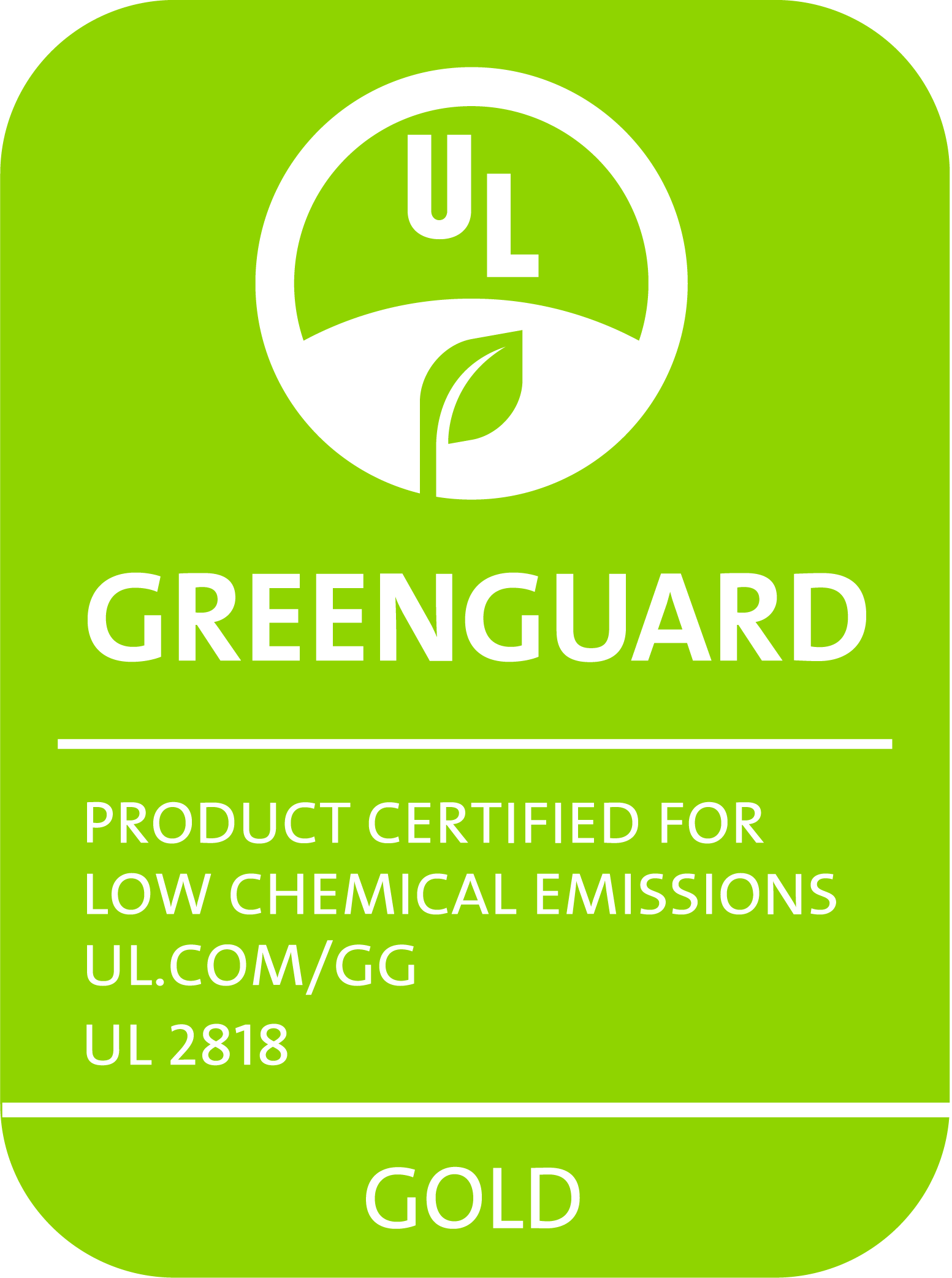 Green award label indicating UL certification for low chemical emissions, with the word 'GOLD' at the bottom.