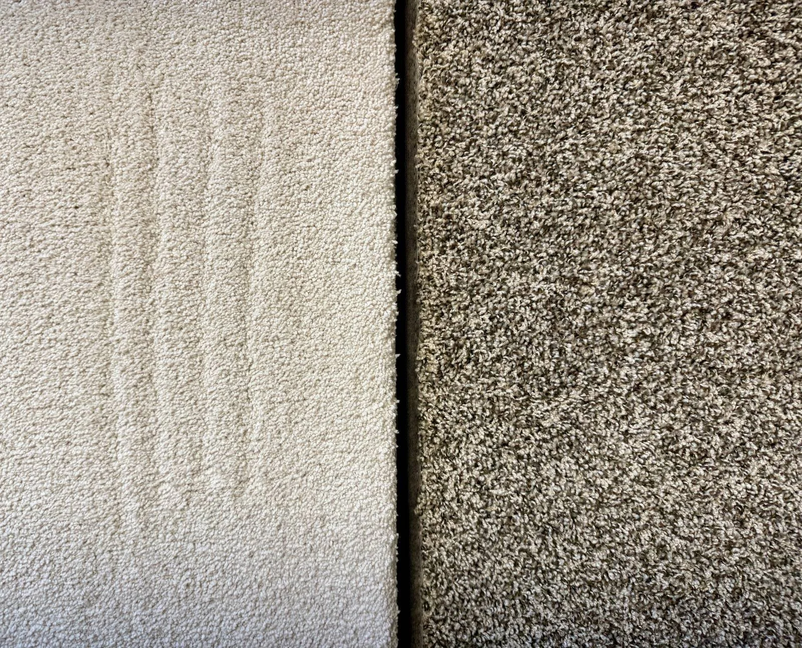 on the left, a plush light grey cut pile carpet compared to a less dense, light brown speckled carpet, on the right.