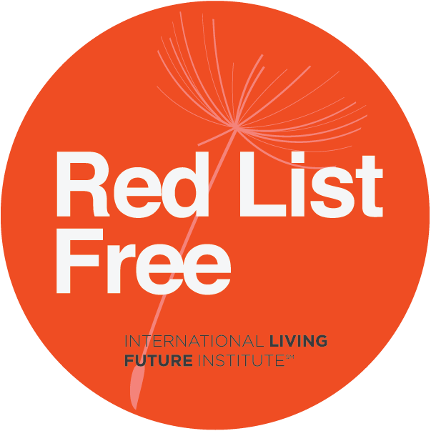 Red circle with a dandelion graphic and text that reads "Red List Free," below it, smaller text says "International Living Future Institute."