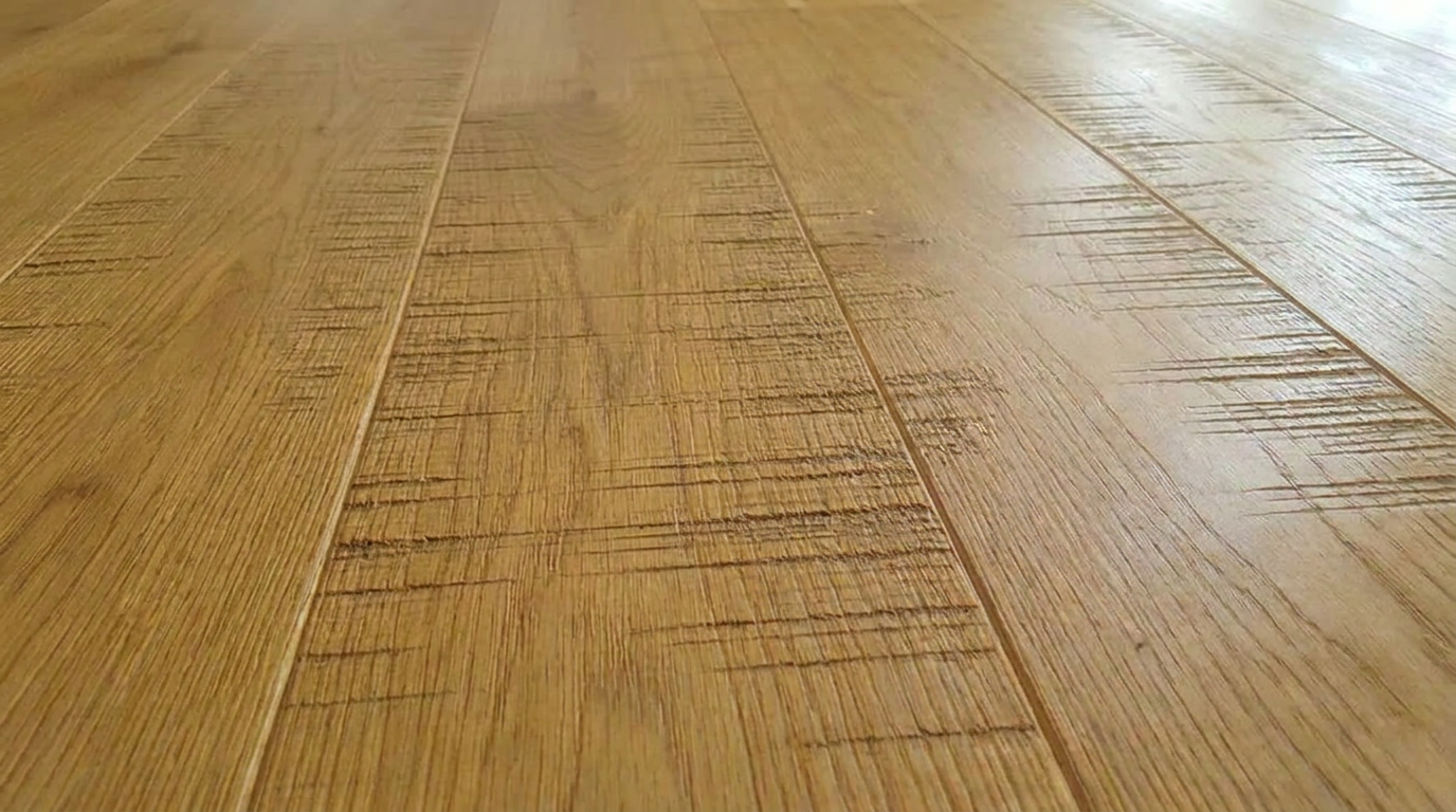 Close-up of wooden floorboards showing their textured surface and grain pattern.