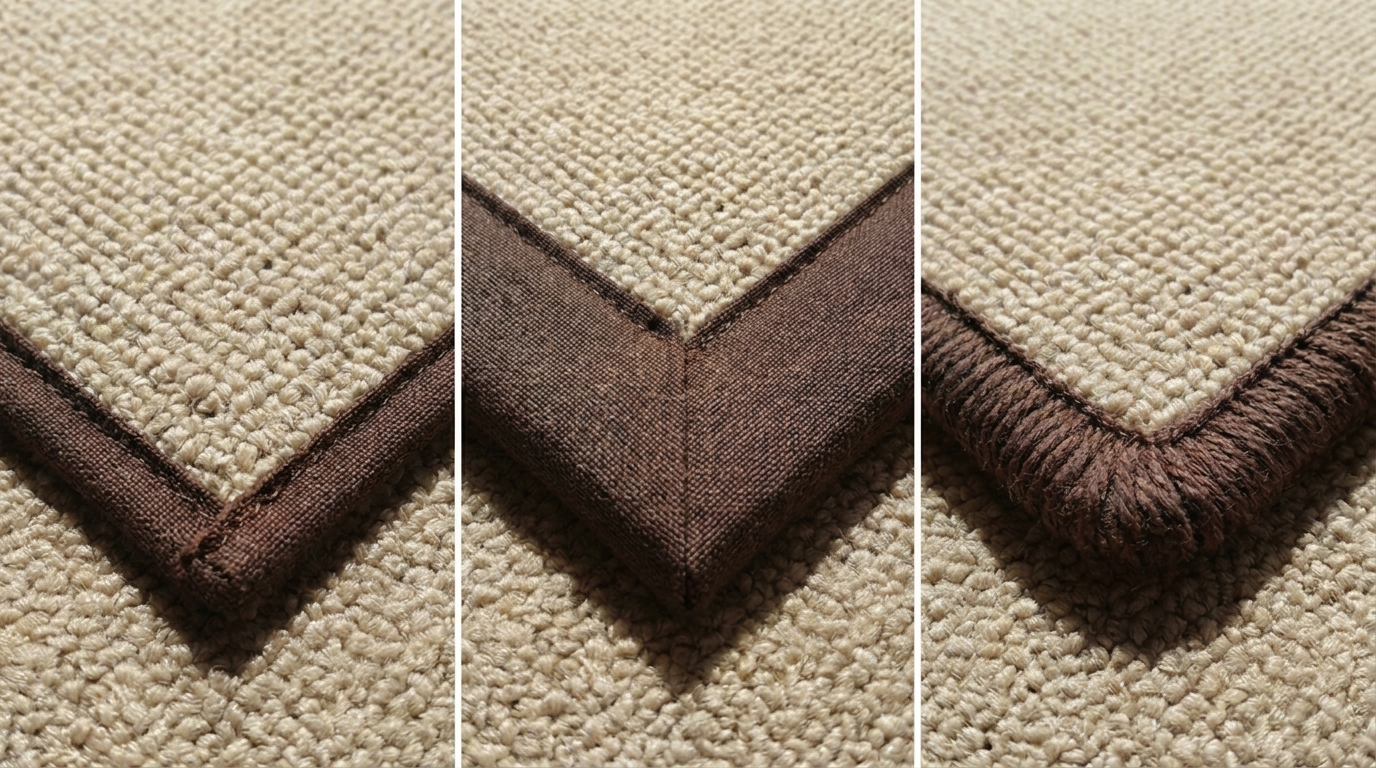 Close-up of three carpet edges showing different types of binding on a beige textured carpet.