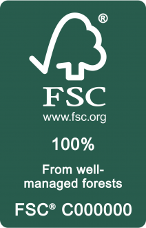 FSC certification label indicating 100% from well-managed forests, with the FSC logo and website