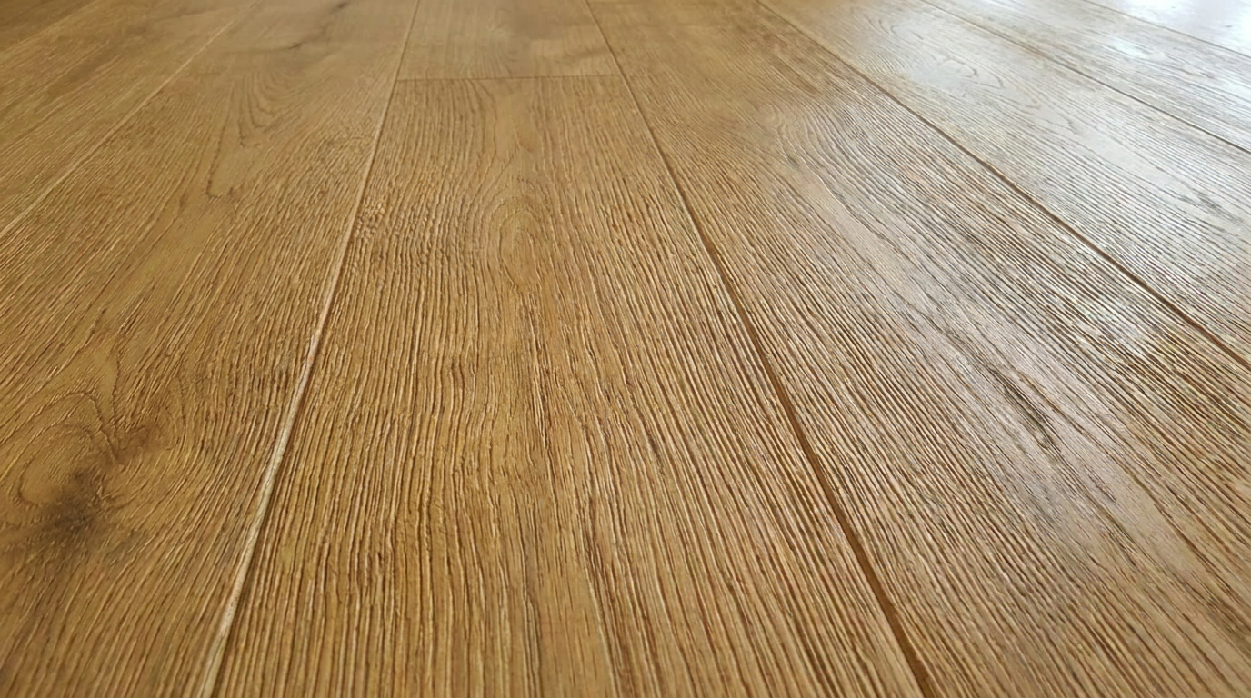 Close-up of a wooden floor with a natural finish showing wood grain and seams between planks.