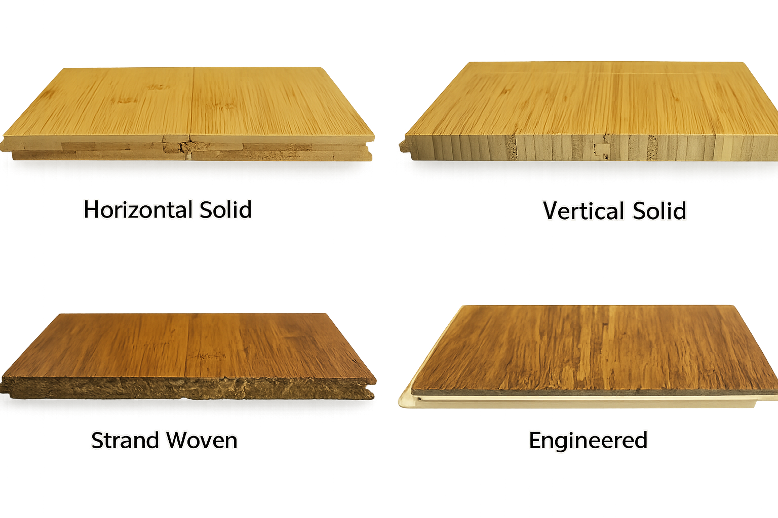 Comparison of four types of wood: top left is horizontal solid, top right is vertical solid, bottom left is strand woven, bottom right is engineered, with labels.