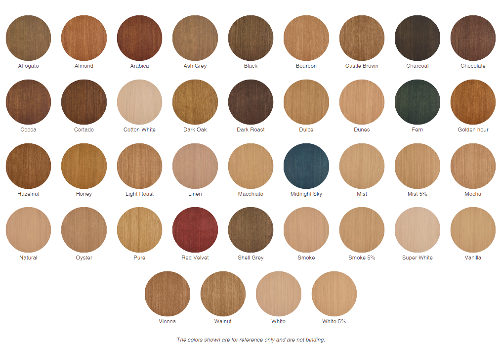 A chart displaying various wood stain color options in circular swatches with labels such as Affogato, Almond, Arbor, Ash Grey, Black, Bourbon, Castle Brown, Charooga, Chocolate, Cocoa, Corda, Cotton White, Dark Oak, Dark Roast, Dulce, Dunes, Fern, Golden Hour, Fretum, Honey, Light Rose, Linen, Magneto, Midnight Sky, Mist, Misty, Moon, Natural, Oyster, Redwood, Red Yellow, Shell Grey, Smoke, Smoke Ftw, Super White, Vanilla, Walnut, Wenge, White, White Sg.