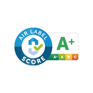 Air quality label showing 'A+' rating with a green checkmark and an air label score.