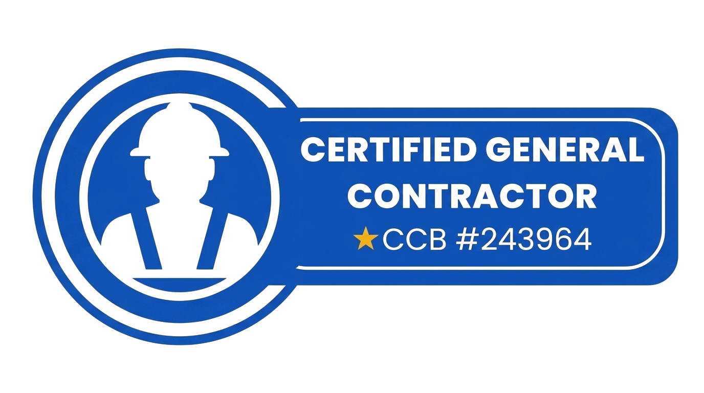 Blue ID badge with a person icon, text reading 'Certified General Contractor' and 'CCB #243964', and a yellow star.