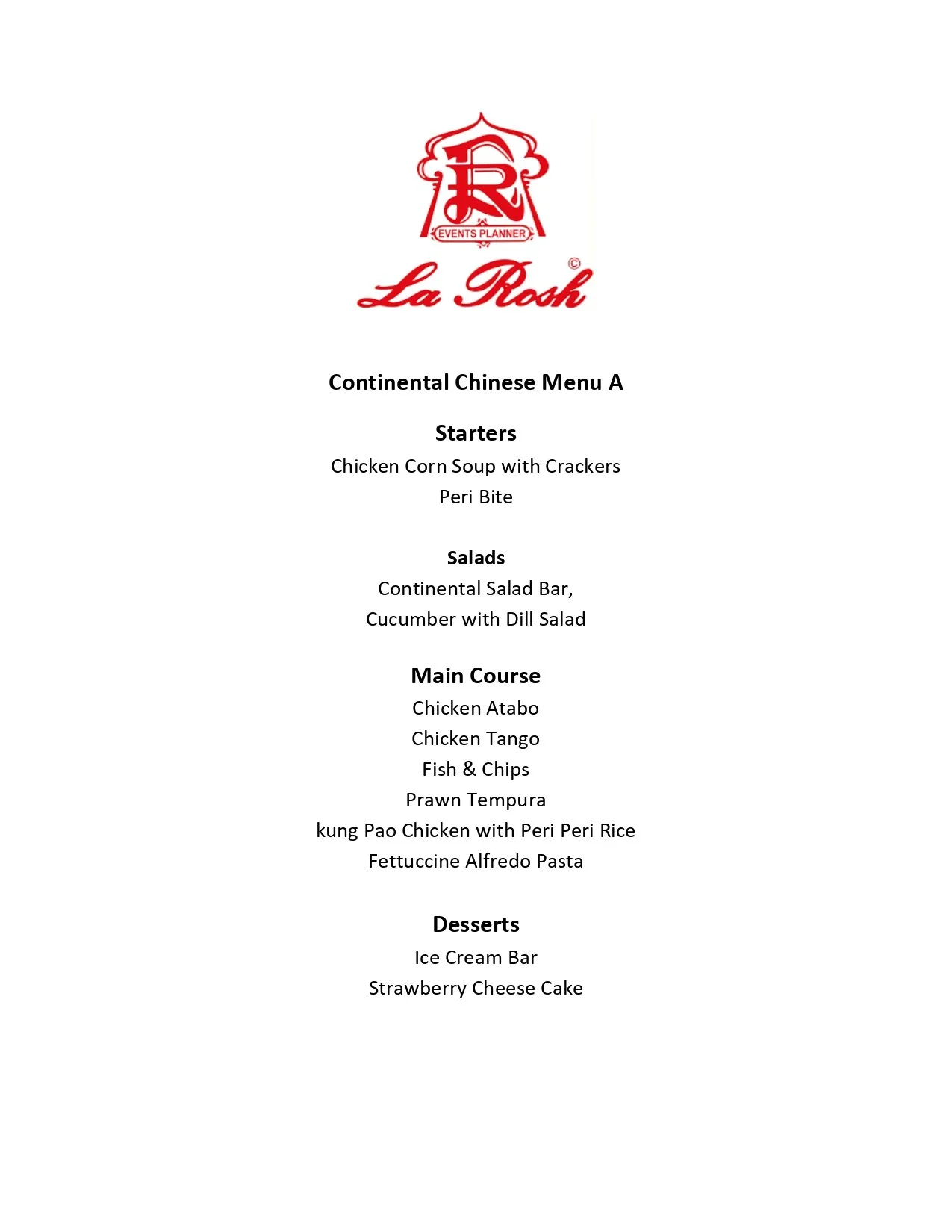 Menu page for La Rosh featuring a red logo at the top, followed by sections for Starters, Salads, Main Course, and Desserts, listing various food items.