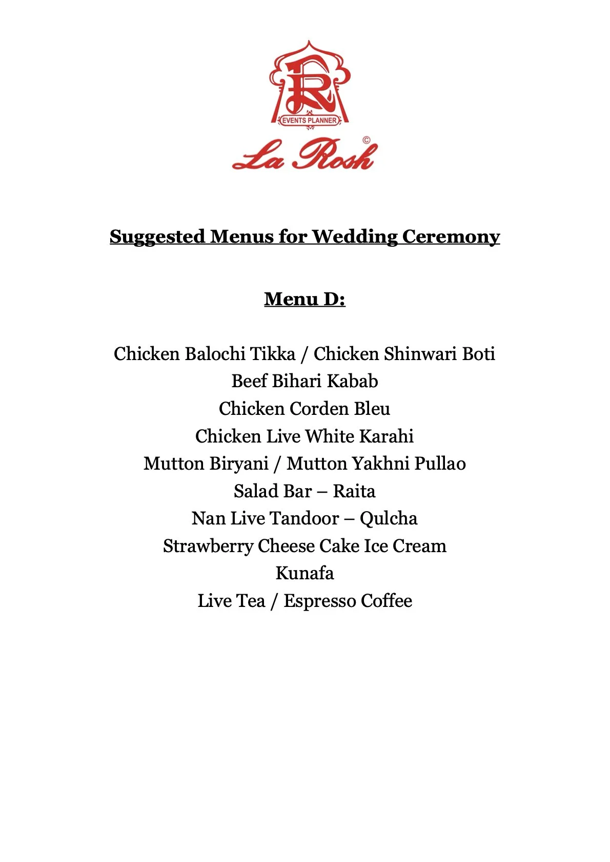 Menu page for wedding ceremony with dish options including chicken, beef, mutton, salad, dessert, and drinks, with a red logo at the top.