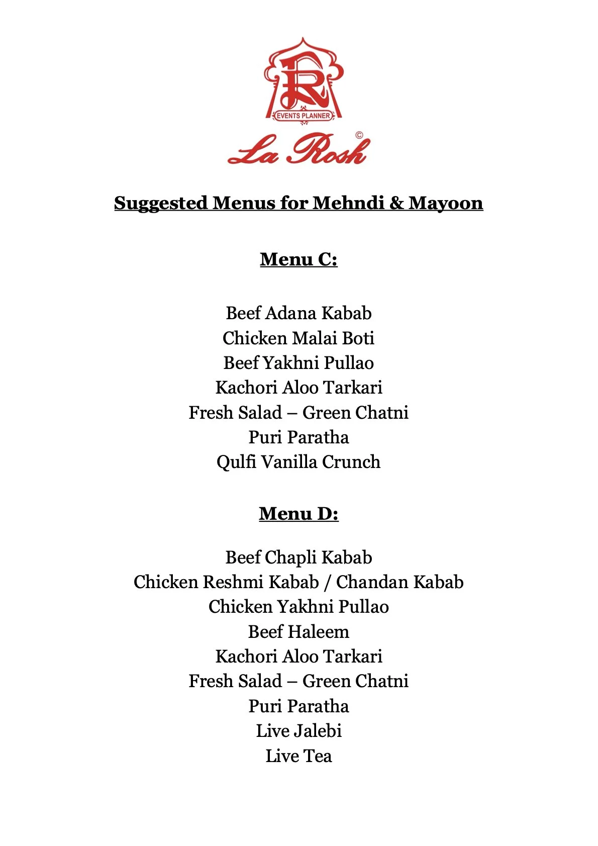 Menu from La Rosh restaurant featuring suggested menus for Mehndi and Mayoon, including options for Menu C and Menu D with various kebabs, salads, and desserts.