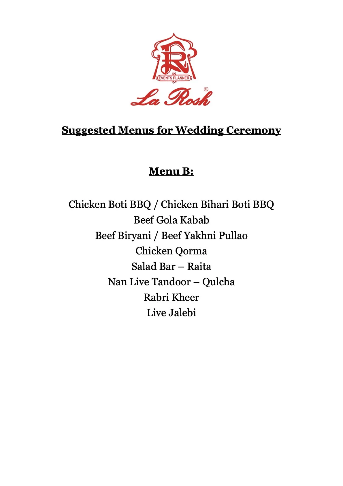 A wedding menu from La Rosh featuring various Indian and BBQ dishes, including chicken, beef, and vegetarian options, with salad and snack bar, and traditional Indian drinks.