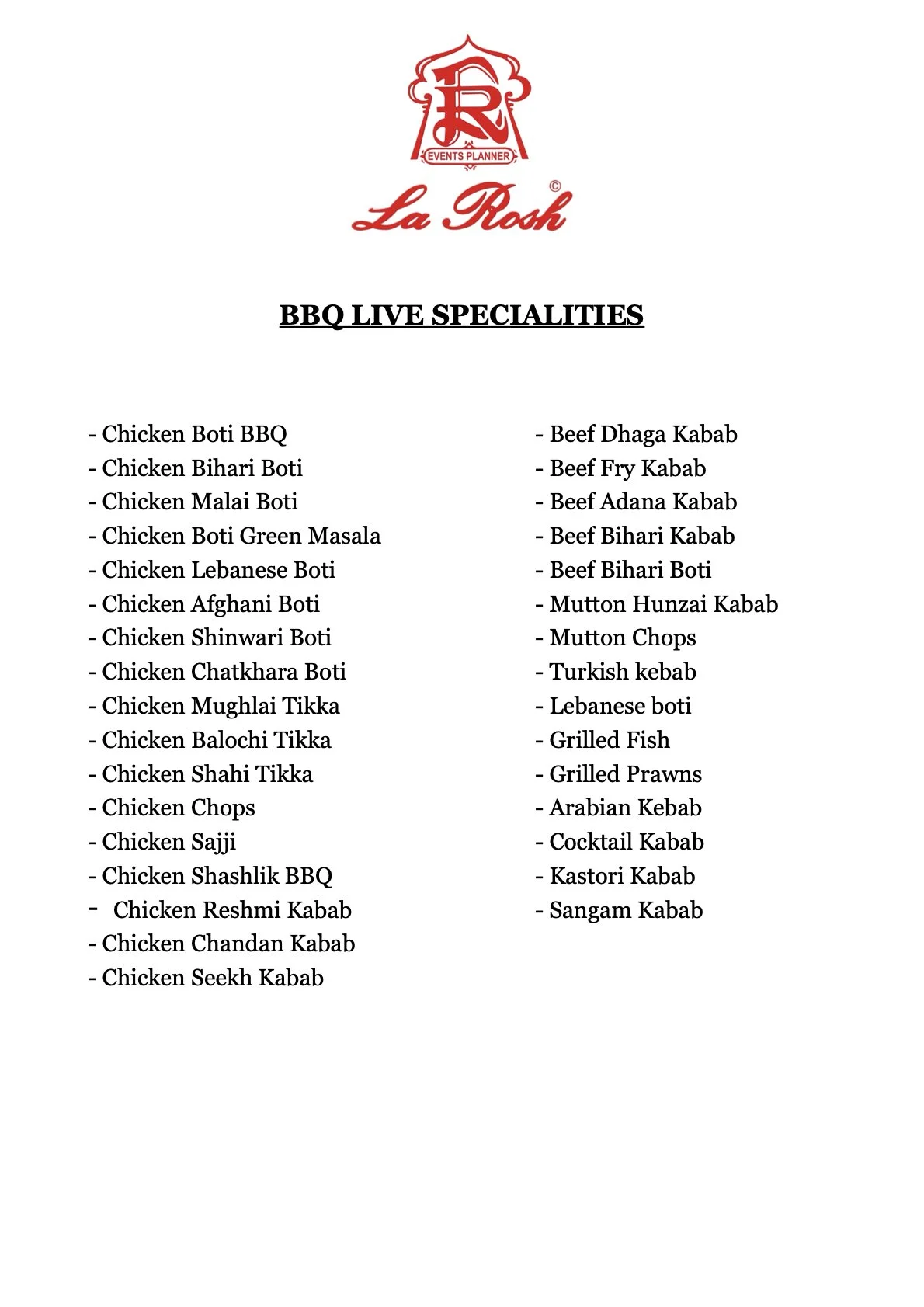 A menu listing BBQ live specialties including various chicken, beef, mutton, fish, and kebab dishes from La Rosh.