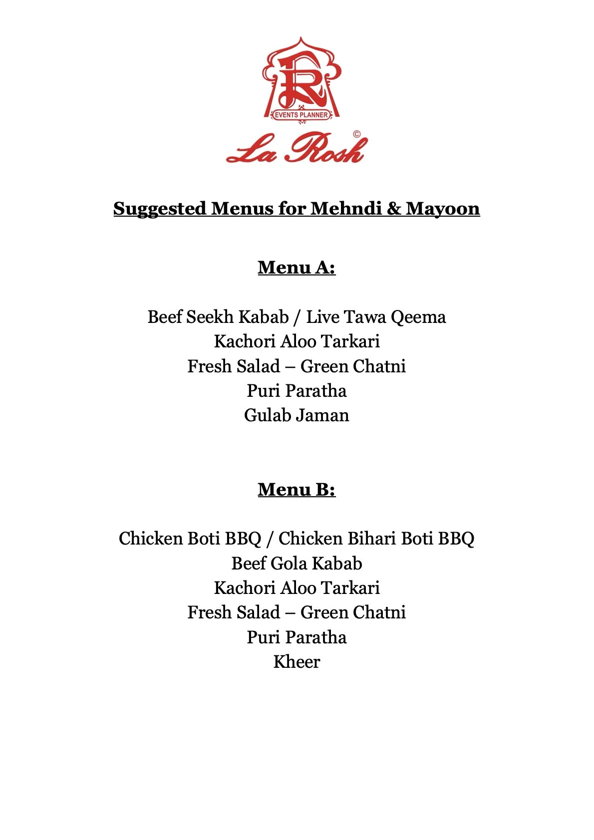 Menu page from La Rosh restaurant featuring suggested menus for Mehndi and Mayoon, with two options: Menu A and Menu B, including dishes like kebab, tandoori, salad, and paratha.