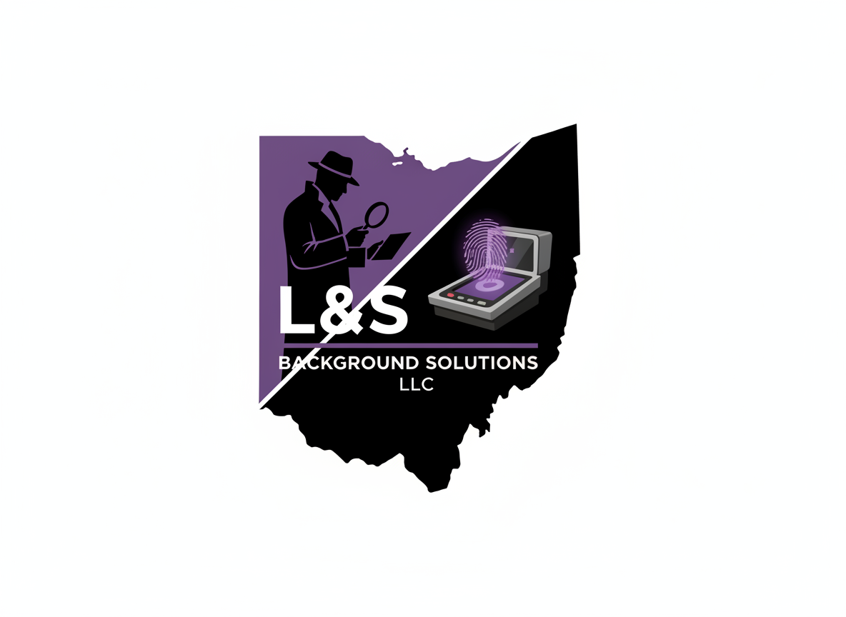 Logo for L&S Background Solutions LLC featuring a silhouette of a detective with a magnifying glass and a fingerprint scanner, divided diagonally with a purple background and black outline of Ohio.