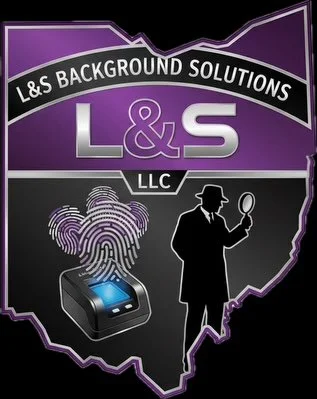Logo for L&S Background Solutions LLC featuring a silhouette of a man with a magnifying glass, a fingerprint, and a fingerprint scanner on a purple and black background shaped like the state of Texas.