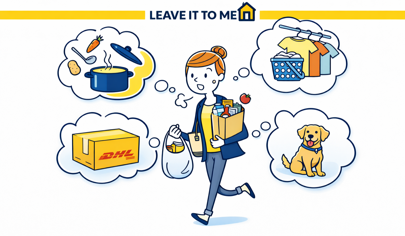 A woman with a grocery bag and a box walking, thinking about cooking, laundry, a package from DHL, and a dog.