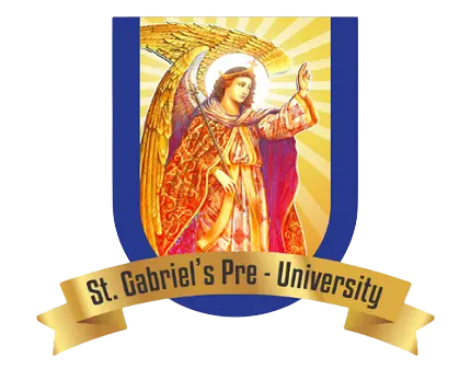 Religious illustration of an angel with golden wings and a halo, dressed in red and gold robes, raising one hand in blessing, with a radiant background. Below is a banner that reads 'St. Gabriel's Pre-University'.