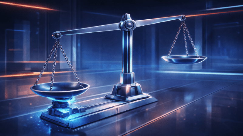 Digital illustration of a balance scale in a futuristic style with glowing blue and orange highlights.