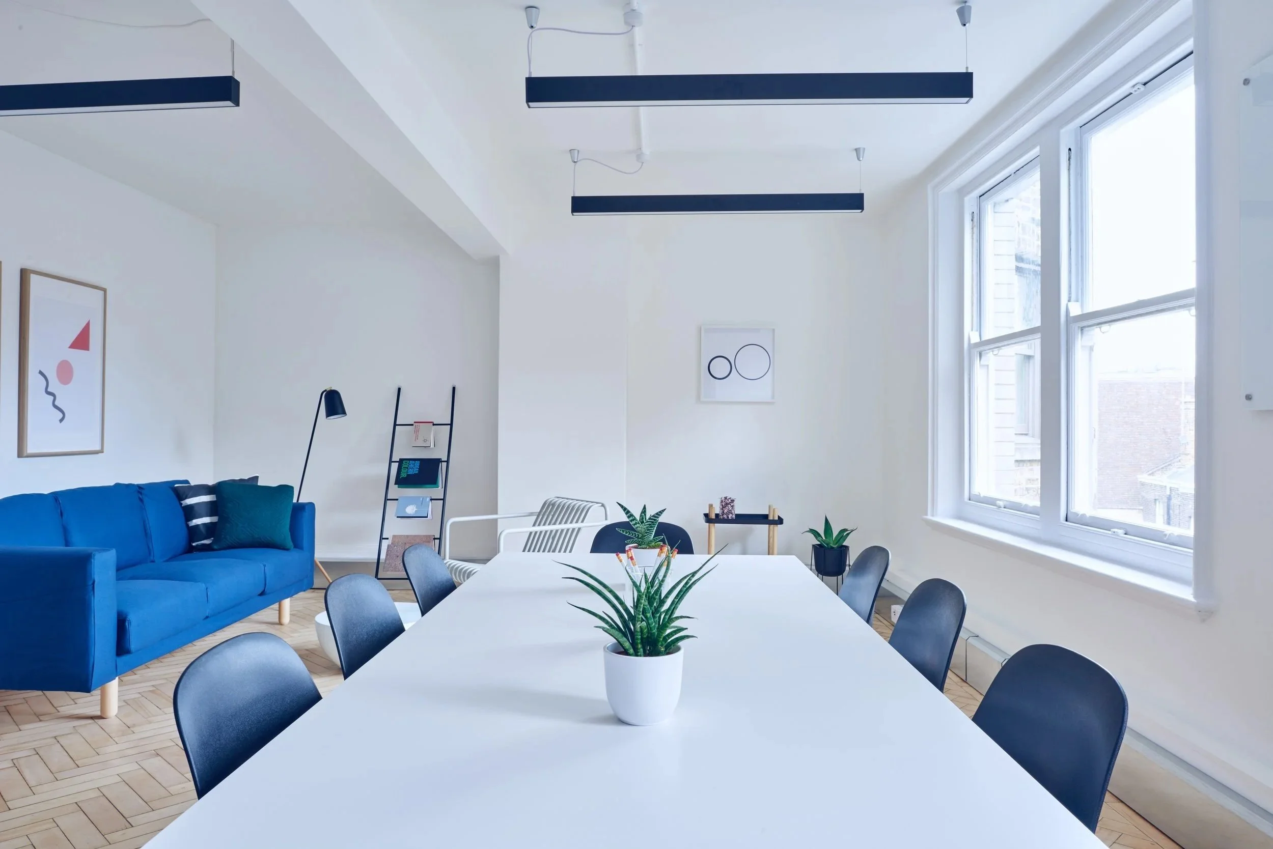Modern office or conference room with large white table, black chairs, and potted plants. Blue sofa and contemporary decor on the wall. Large windows letting in natural light.