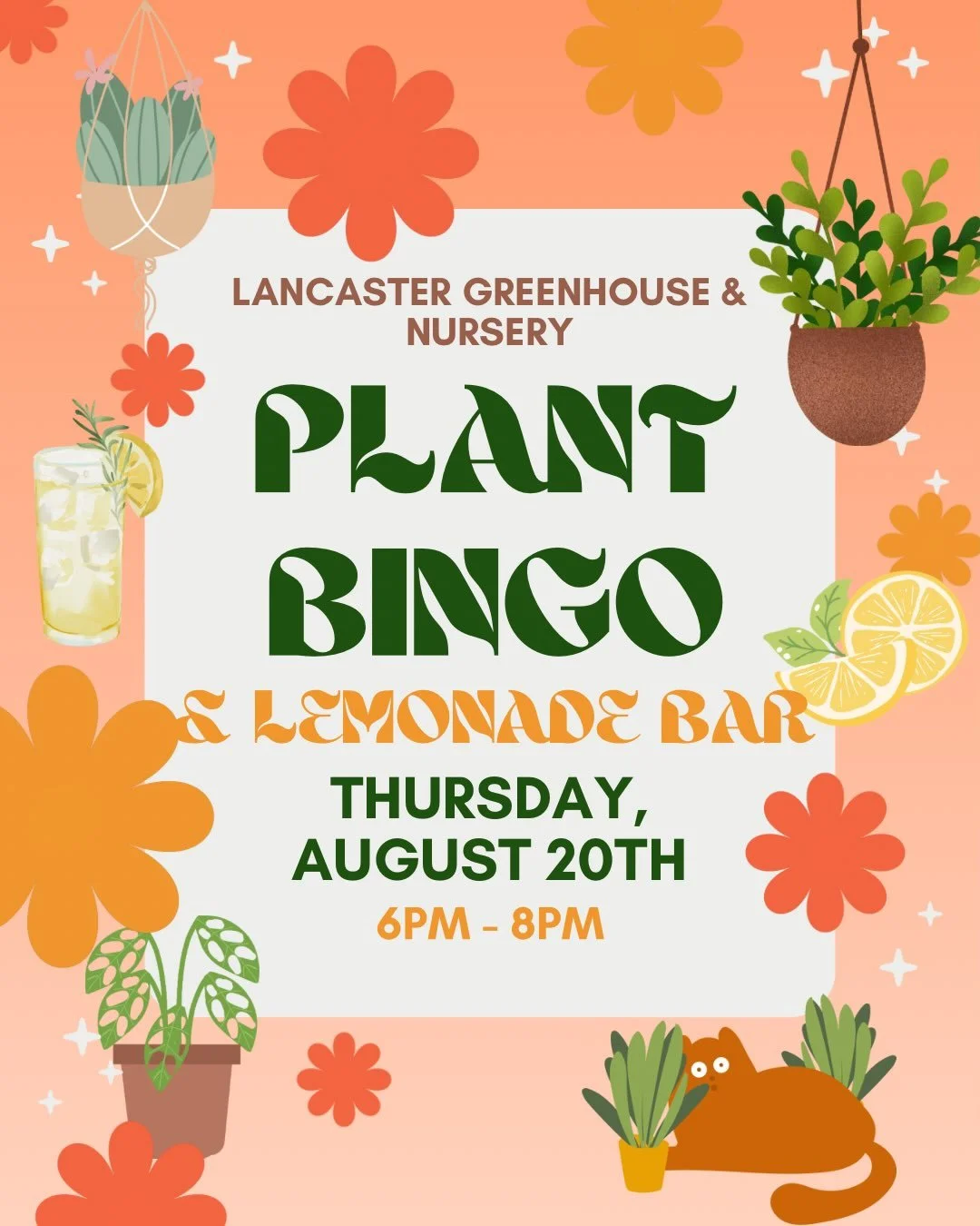 🍋🌿✨An EVENING of Plant Bingo &amp; Lemonade Bar at the Lancaster Greenhouse!✨🌿🍋

⏰Thursday, August 20th &bull; 6 PM &ndash; 8 PM
(please arrive by 5:45pm)

🎟️Tickets available on our Facebook and Eventbrite pages! $25 per person🏃&zwj;♀️💨

Incl