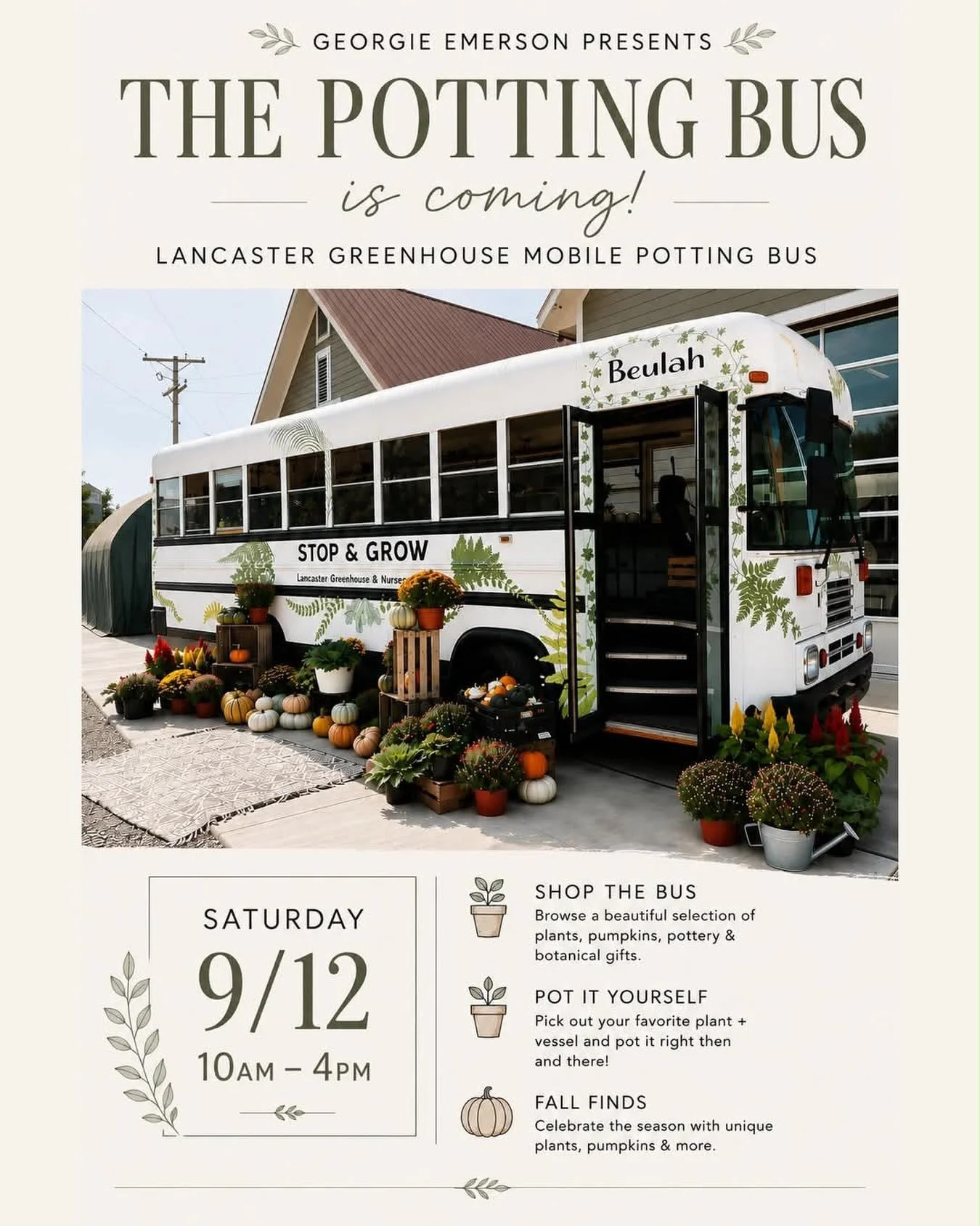 We&rsquo;ve got the happiest news! &ldquo;Beulah&rdquo;, our mobile potting bus, is popping up in Canal Winchester at @georgieemersonmercantile!🤍🌿✨

Mark your calendars!
📆 Saturday, Sept. 12th
⏰10am - 4pm

Come shop the bus for house plants🪴, pum