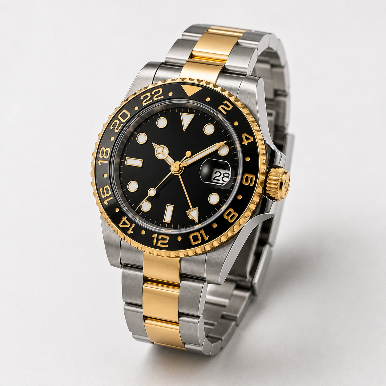 A luxury wristwatch with a black dial, gold accents, and a two-tone metal strap in silver and gold.