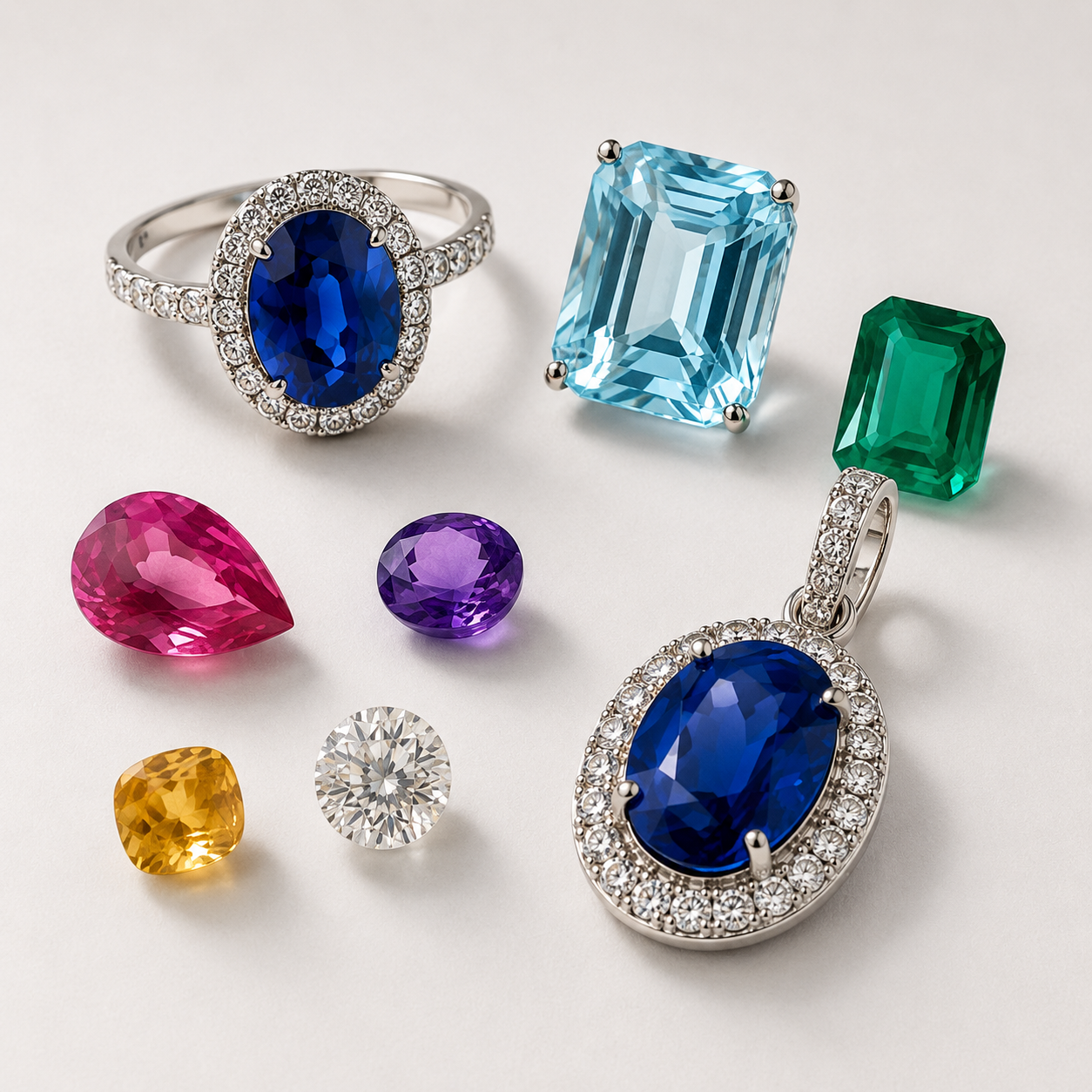 Assorted colorful gemstones, including sapphires, emeralds, and diamonds, along with two rings and a pendant, displayed on a plain surface.
