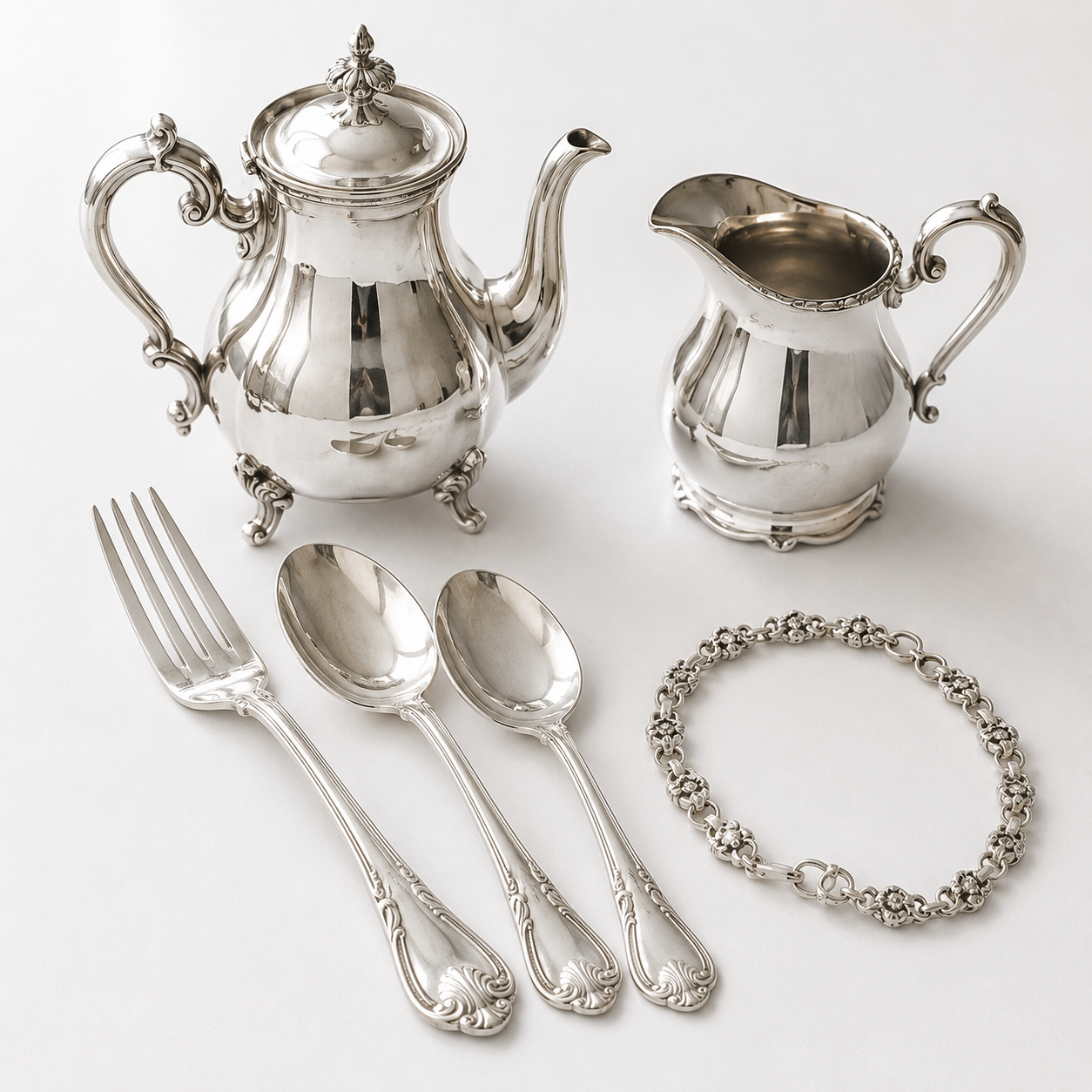 Silver tea set with a teapot and a creamer, three ornate silver utensils including a fork and two spoons, and a silver bracelet on a white background.