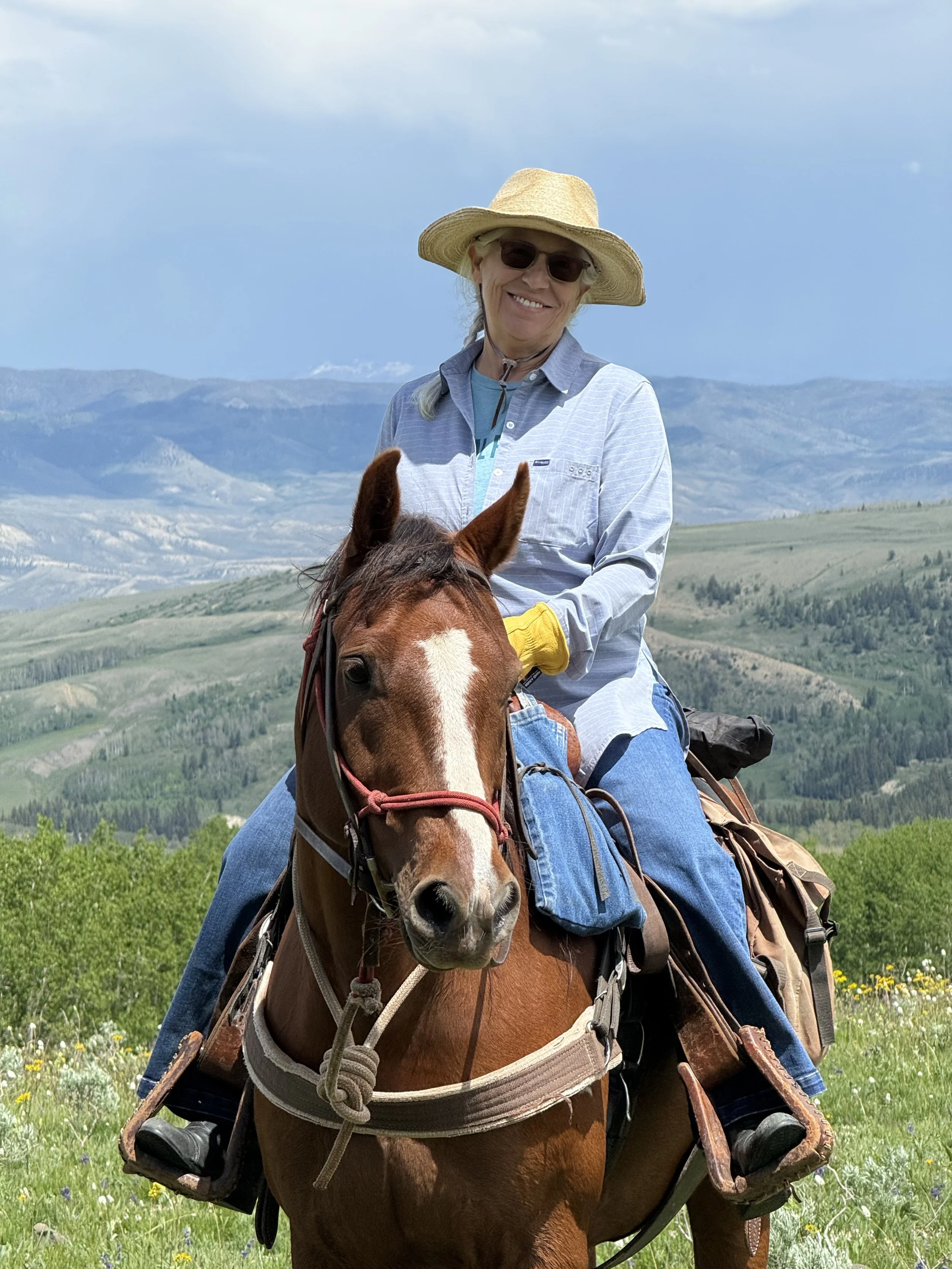 A woman smiling while riding a horse in a scenic, mountainous area with green fields and wildflowers, wearing a straw hat, sunglasses, a light-colored shirt, and blue jeans.