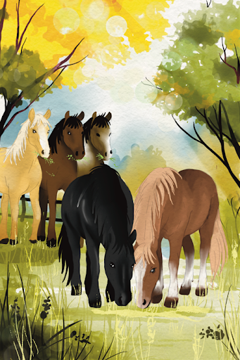 Two horses stand together eating grass with three horses looking at them from behind.