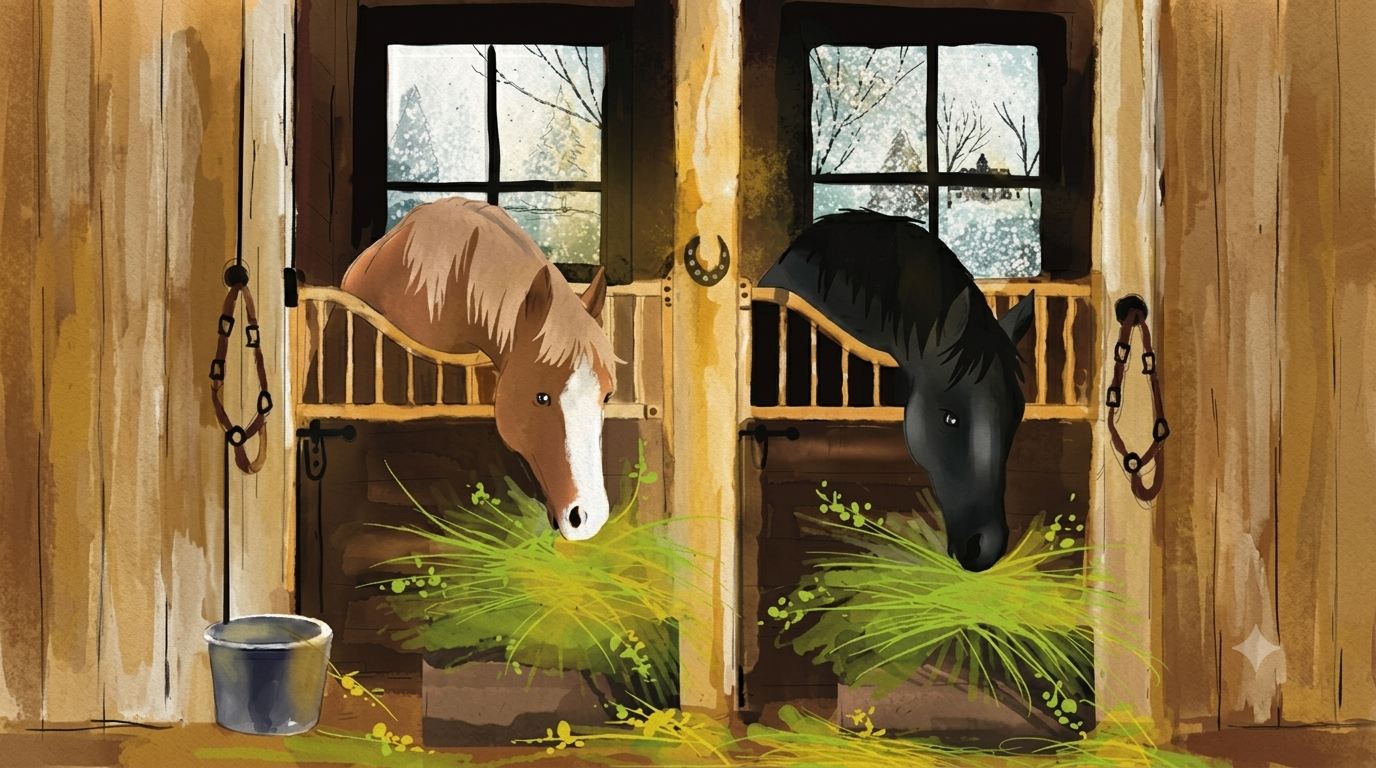 Two horses leaning out of their stalls and eating hay in a stable. The stable has wooden walls and black-framed windows, with a bucket on the ground in front of the left stall.
