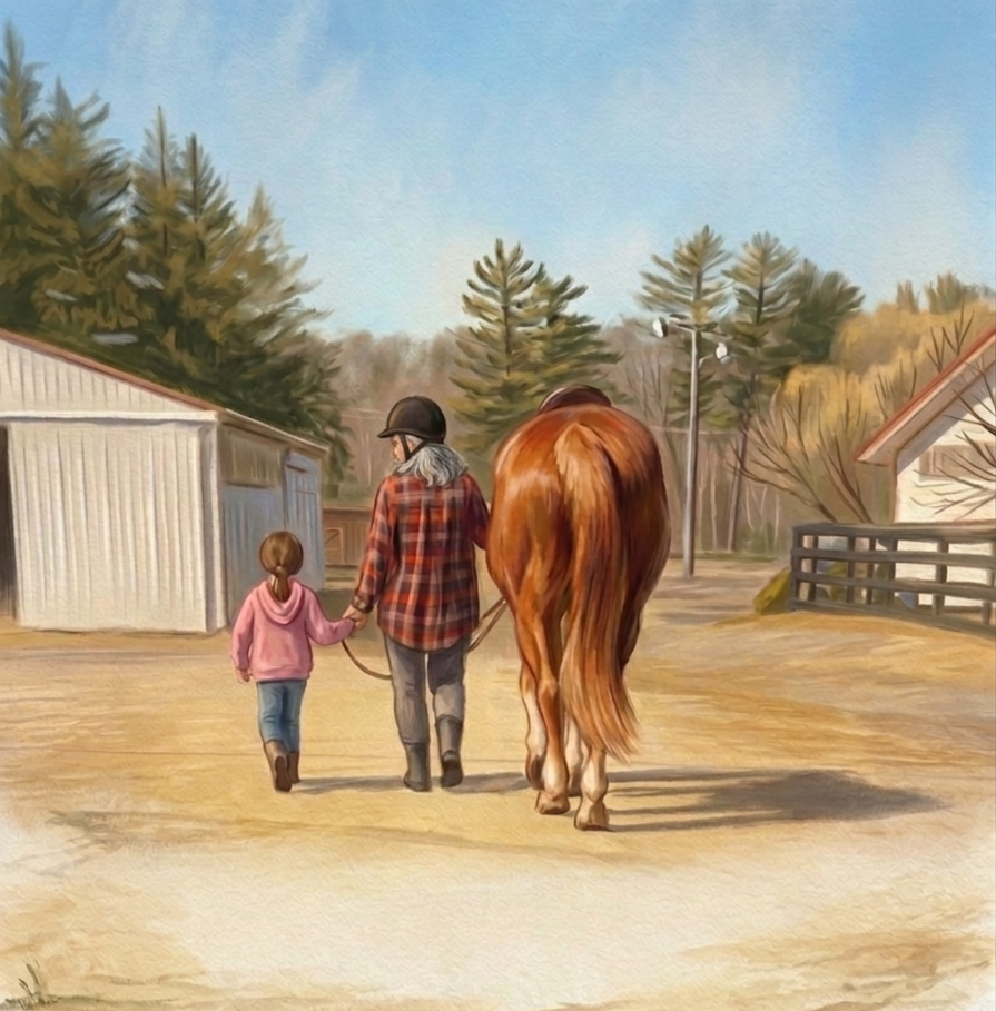 A person with gray hair, wearing a helmet and red plaid shirt, holding the hand of a young girl in a pink hoodie, while walking a brown horse on a farm path with barns, trees, and blue sky in the background.