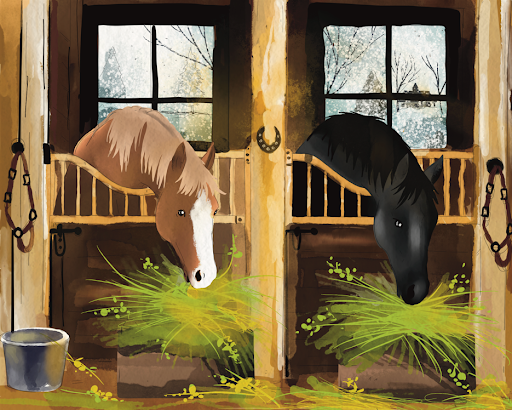 A brown and black horse next to each other in two stalls.