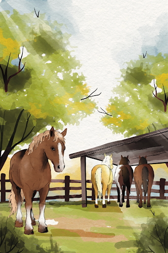 A brown horse stands alone with three horses behind.