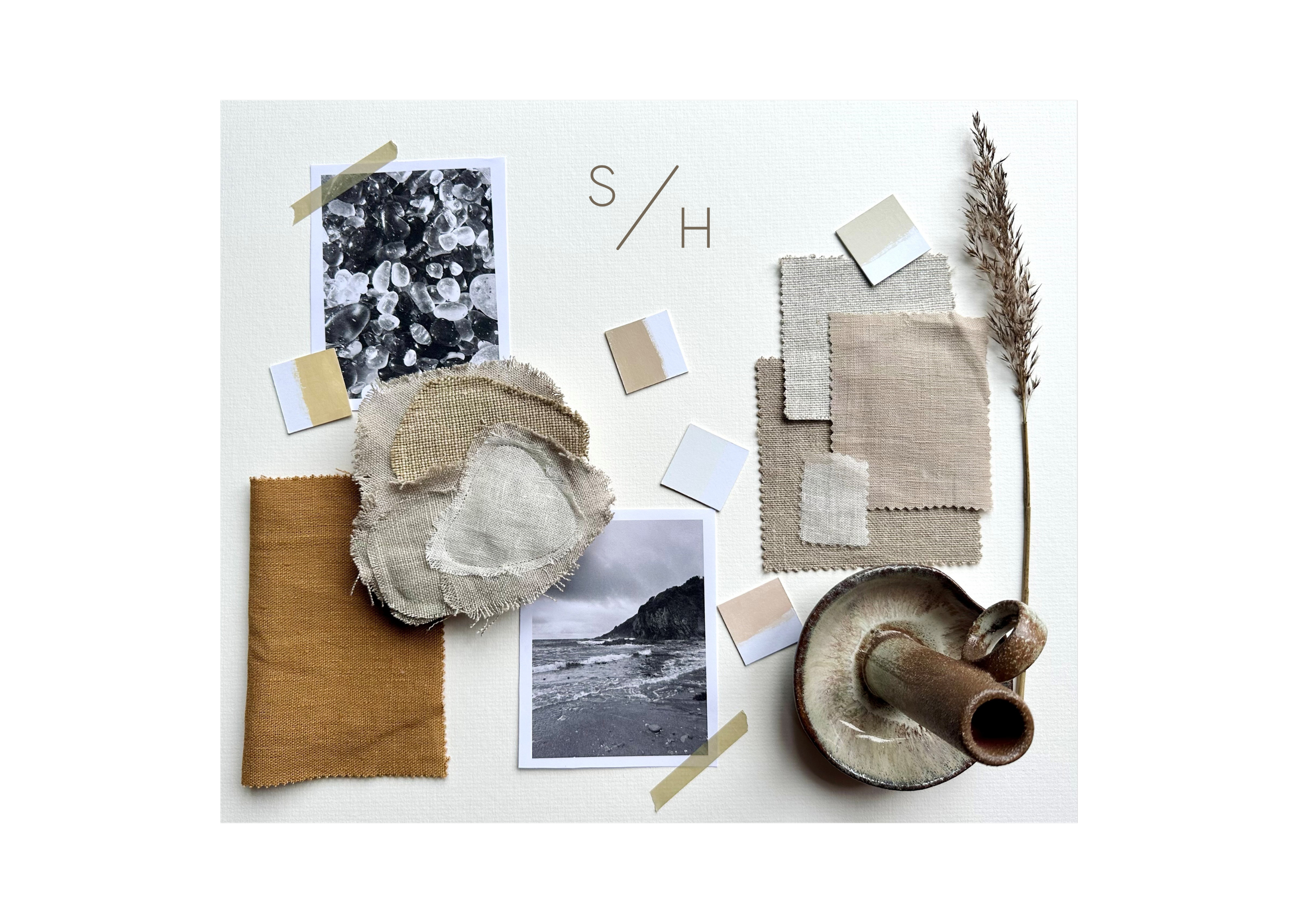 A flat lay of fabric swatches, pottery, pictures of a beach, and natural elements on a white background.