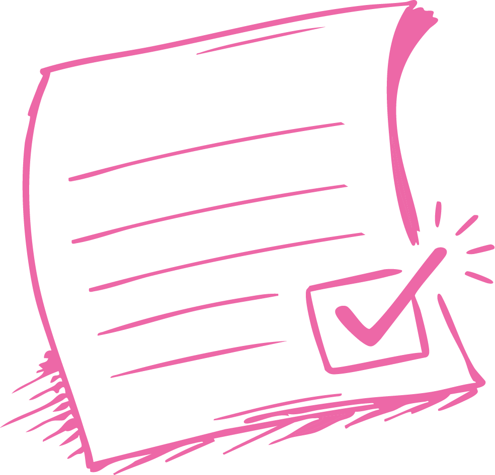 Drawing of a checklist with a pink check mark and lines, symbolizing completion or approval.
