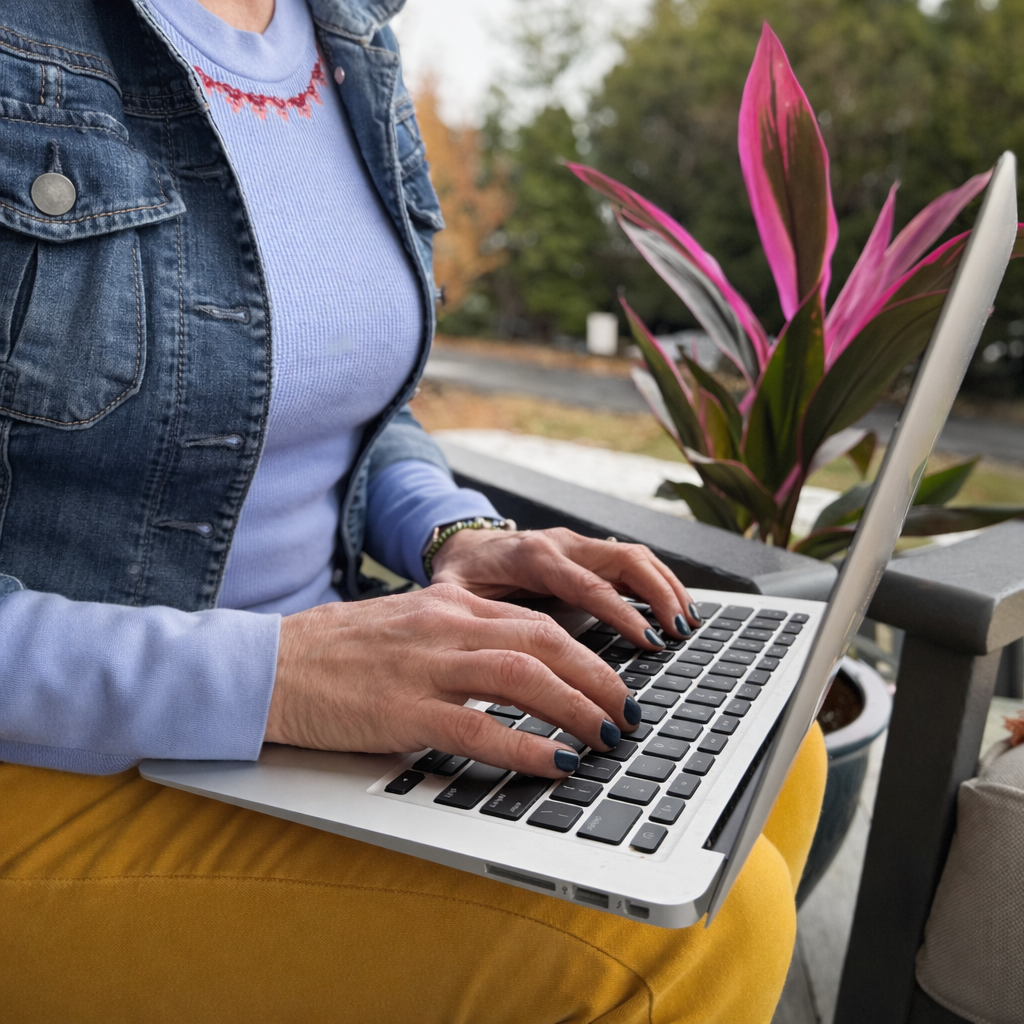 A person sitting outside on a porch with a MacBook laptop on their lap, a pink and green leafy plant, and trees in the background.