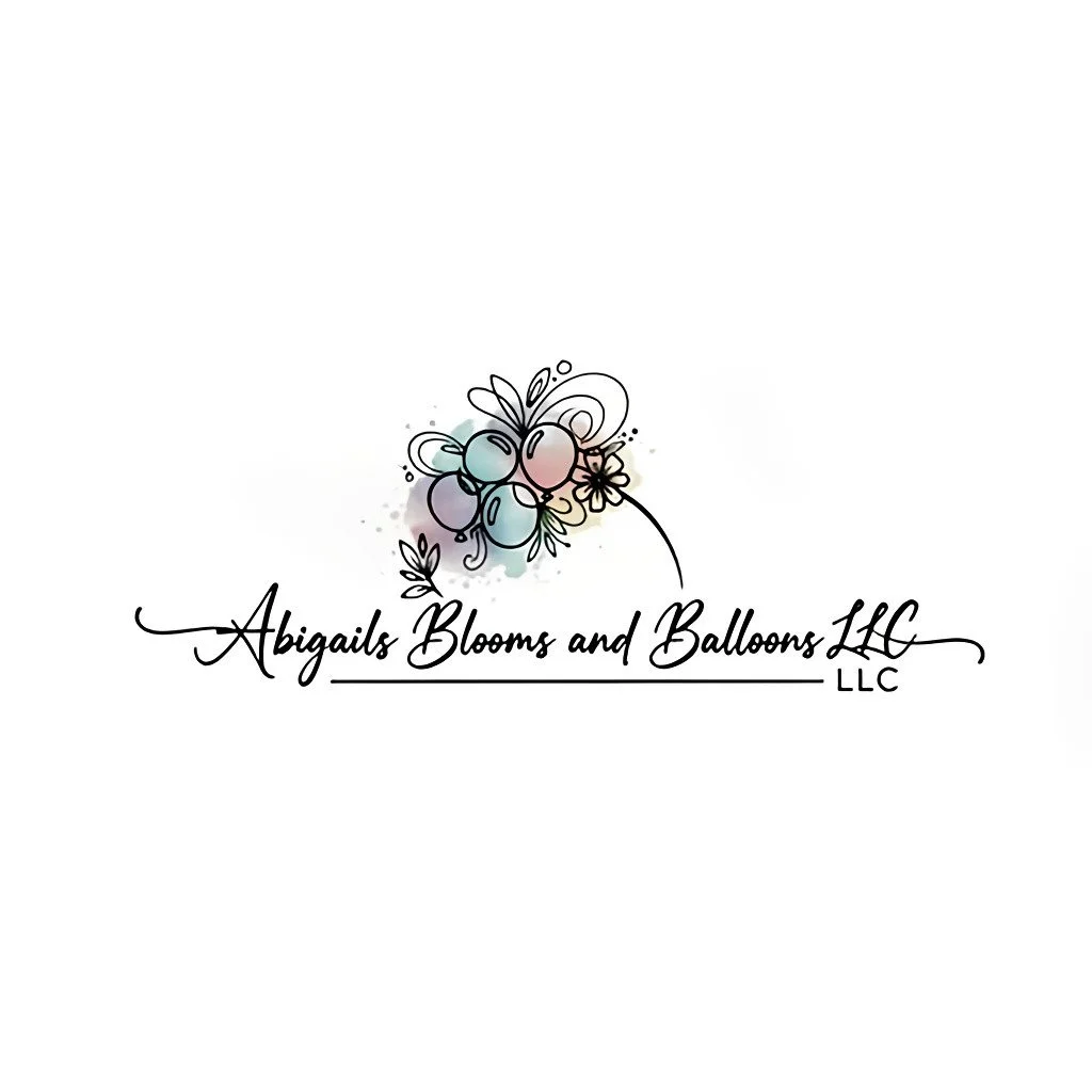 Logo for Abigails Blooms and Balloons LLC featuring a cluster of pastel-colored balloons with floral accents, along with elegant black cursive text.