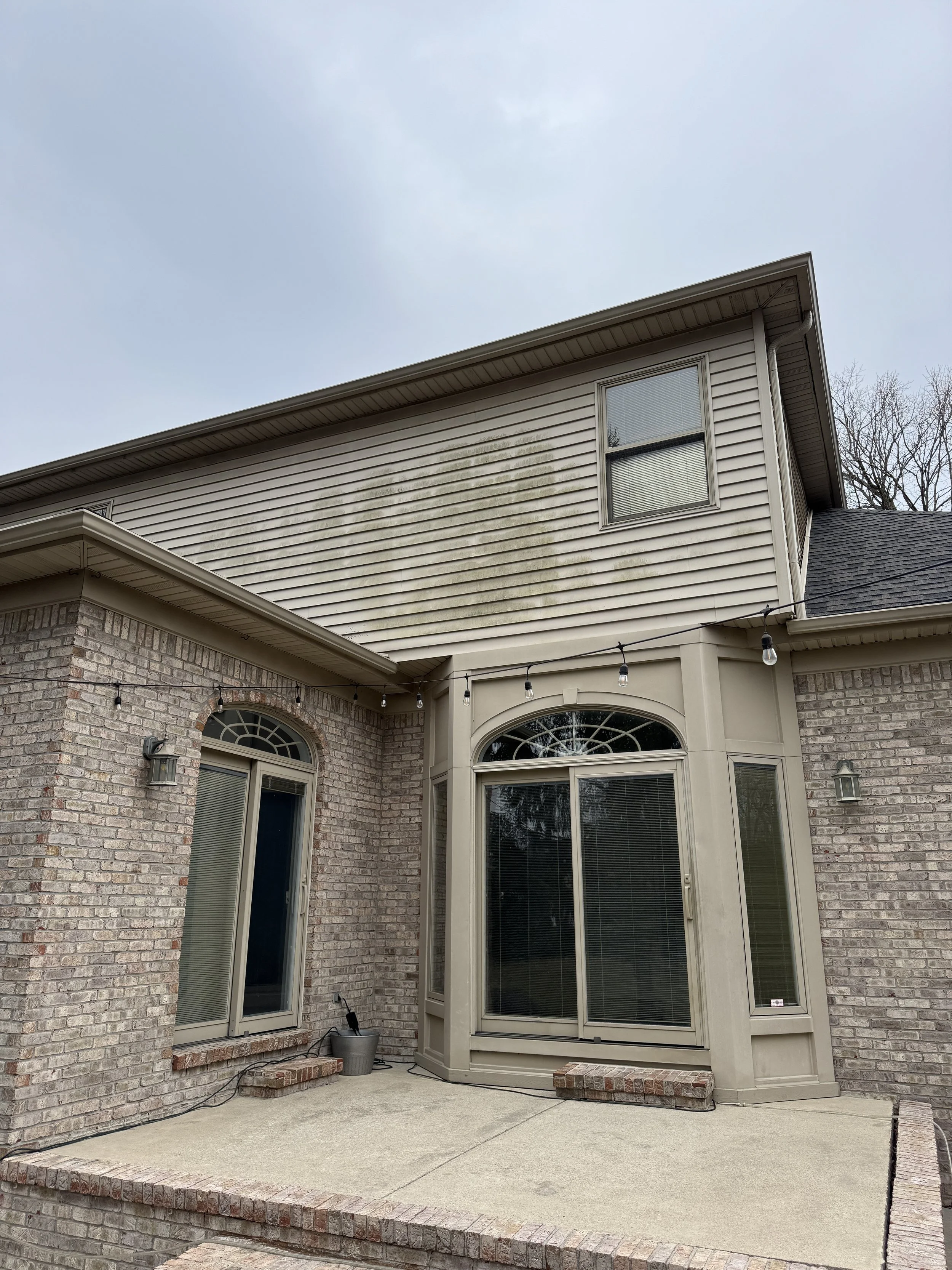 House siding before soft wash showing algae buildup in Wayne County, MI | Island Shine