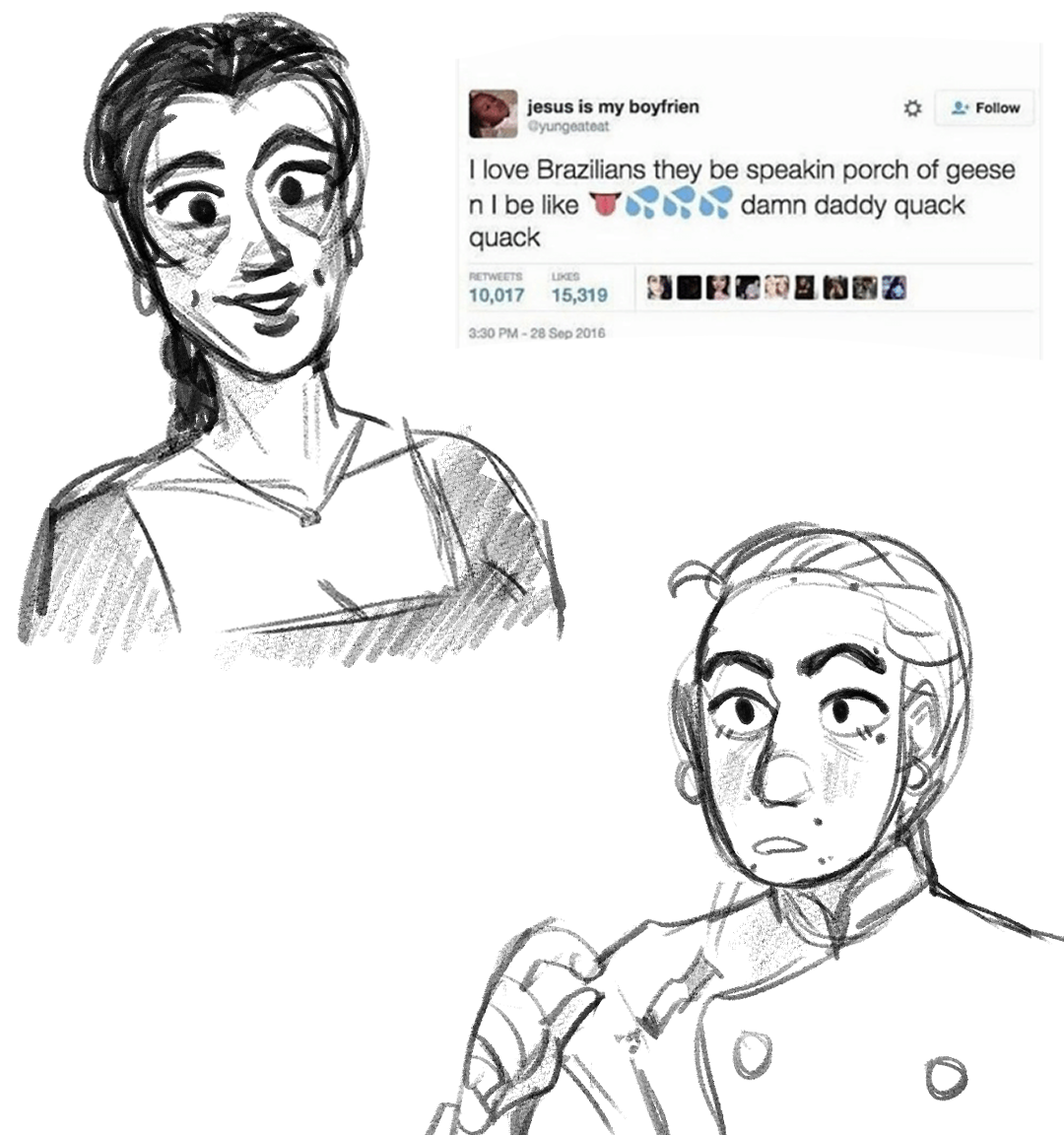 Brazilian meme. Webcomic drawing, two characters　digital pencil sketch.