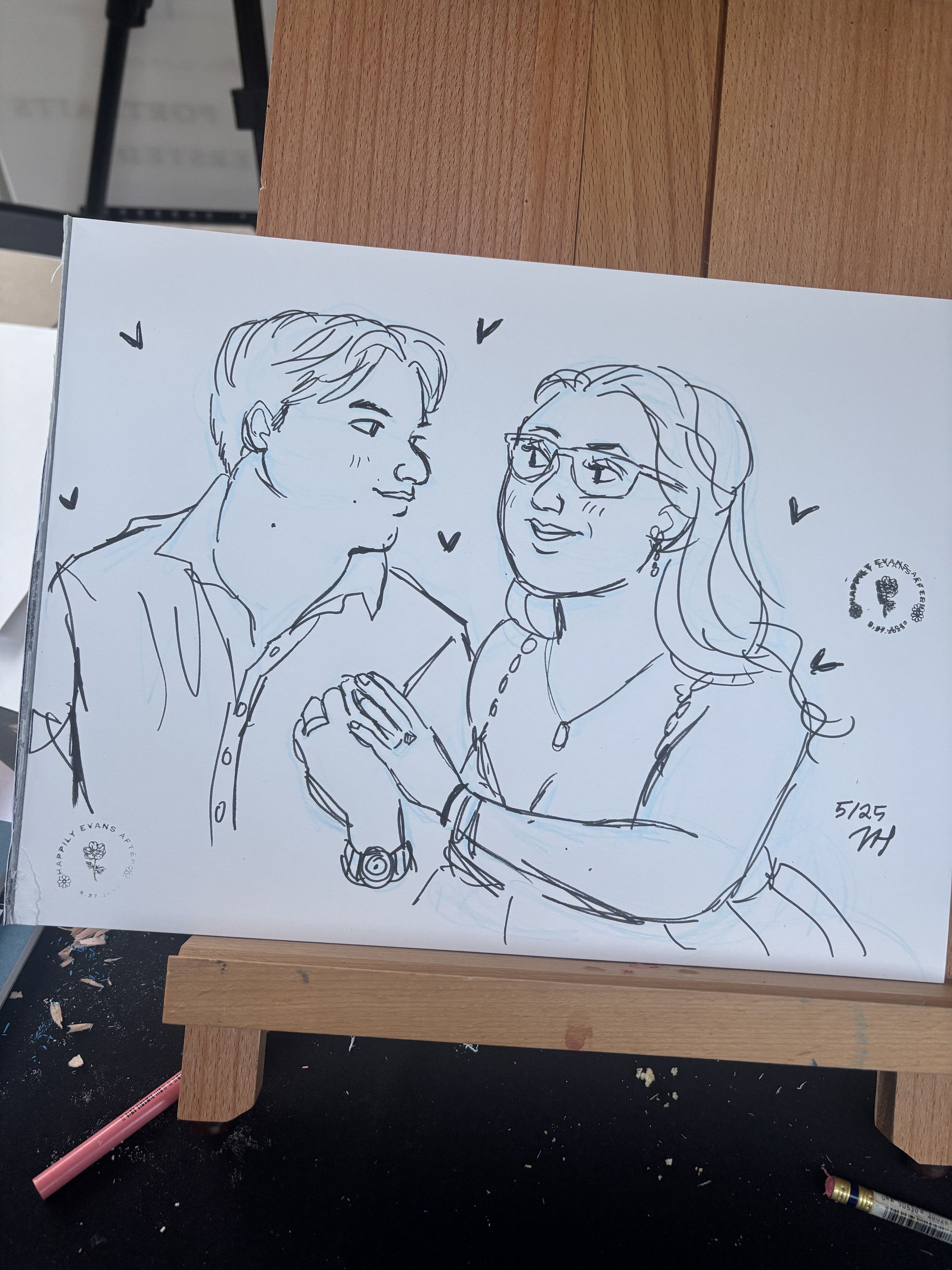 Live portrait drawing of a wedding couple, husband and wife, live portrait sketch, live sketch. 