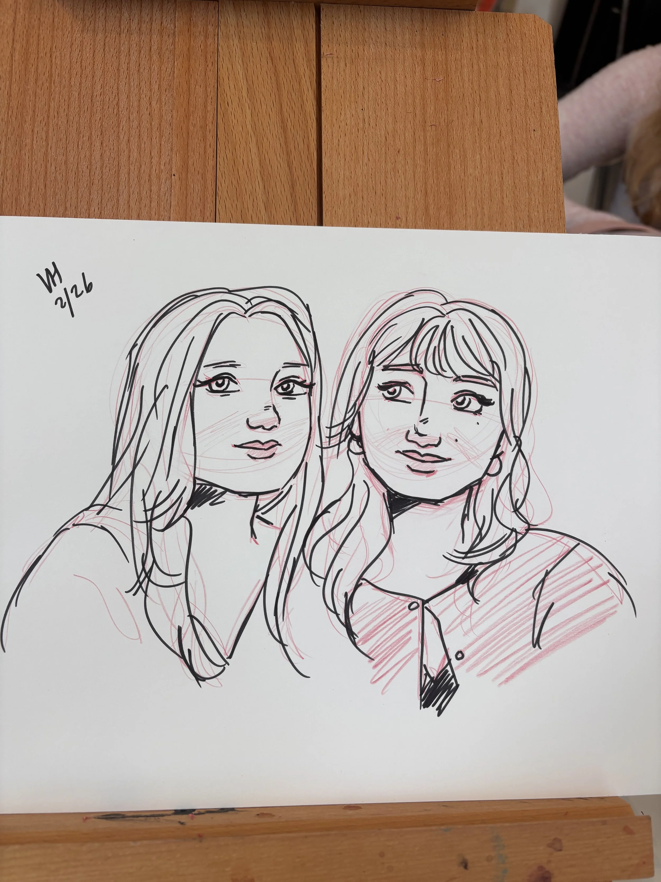 Drawing at a small business event, live portrait artist, pencil and ink art. Quick caricature sketch.