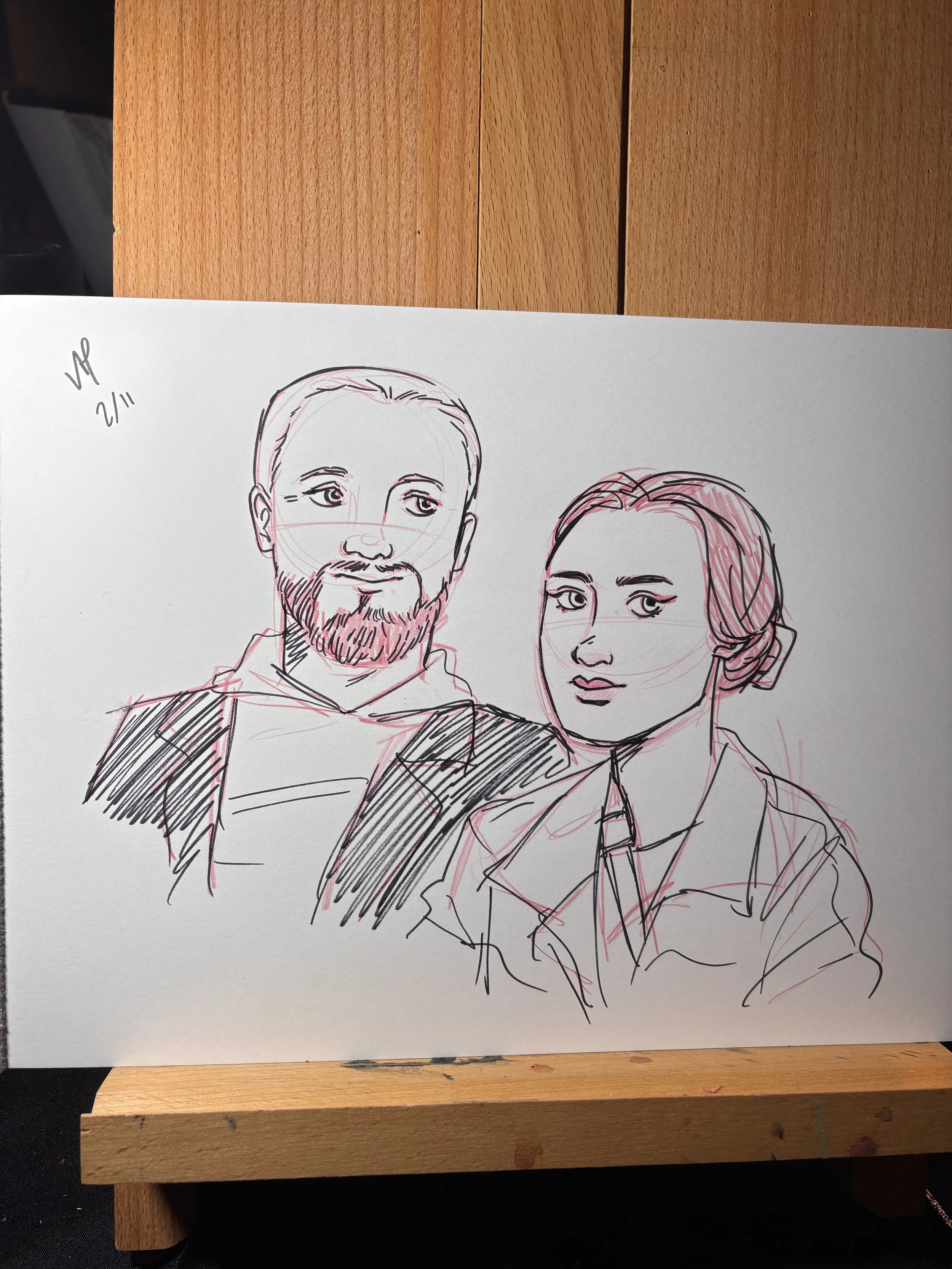 Ink and colored pencil drawing, live portrait art at a corporate event.