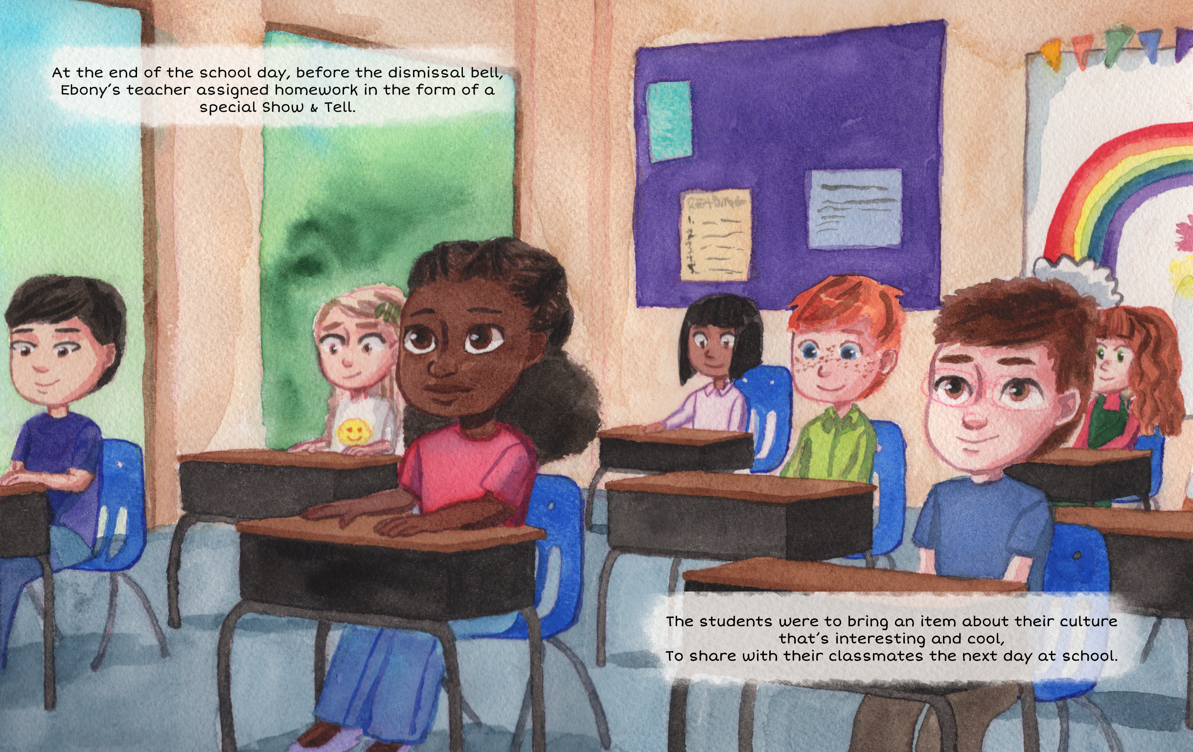 Black culture, BIPOC characters. Watercolour illustration, children's book. Young black girl, female main character.