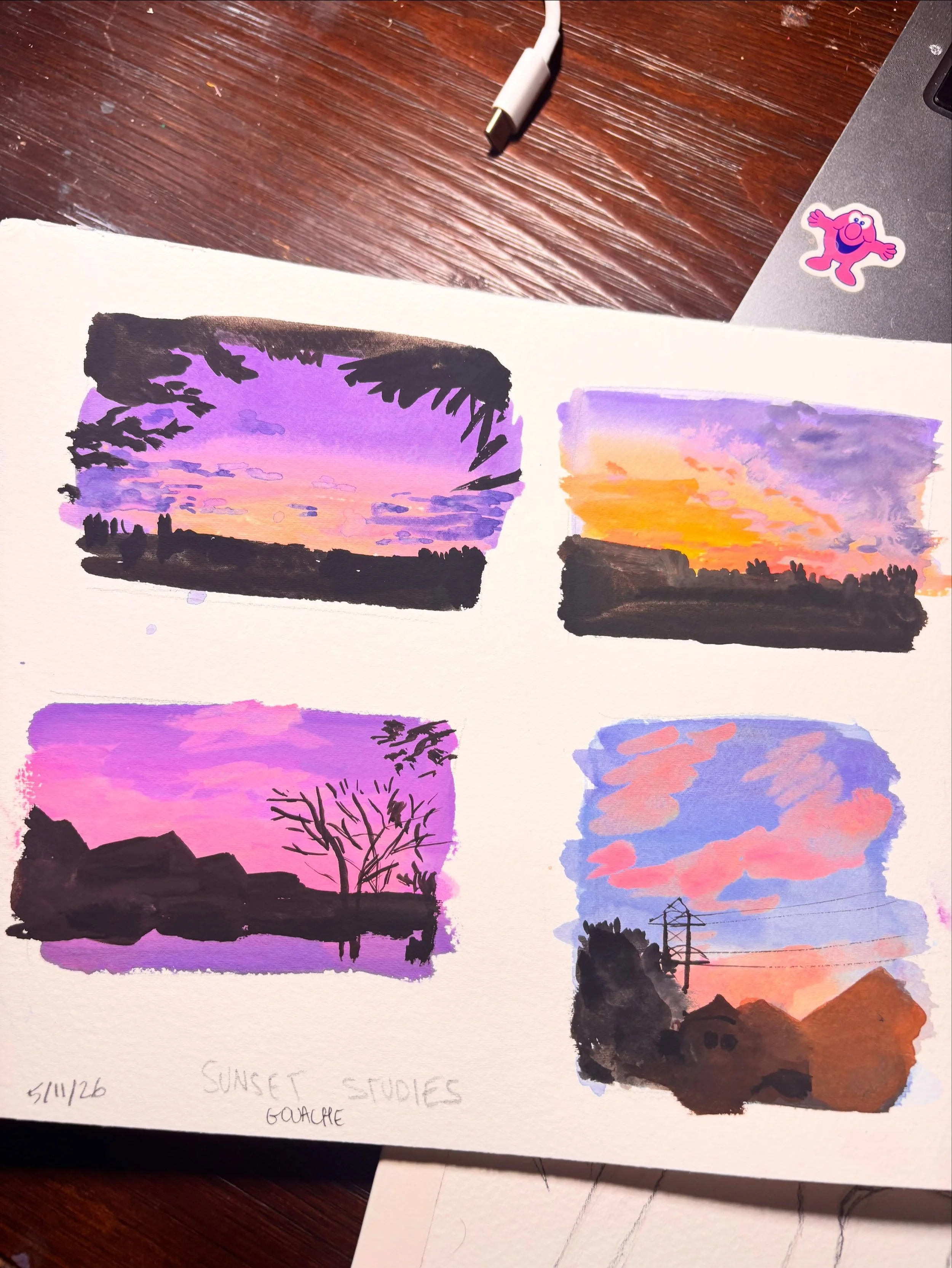 I painted little sunset studies first in gouache then in watercolor; usually I&rsquo;m more competent in watercolor than any other medium but not really with sunsets and clouds I think, it&rsquo;s really difficult to get those bright pastel tones and