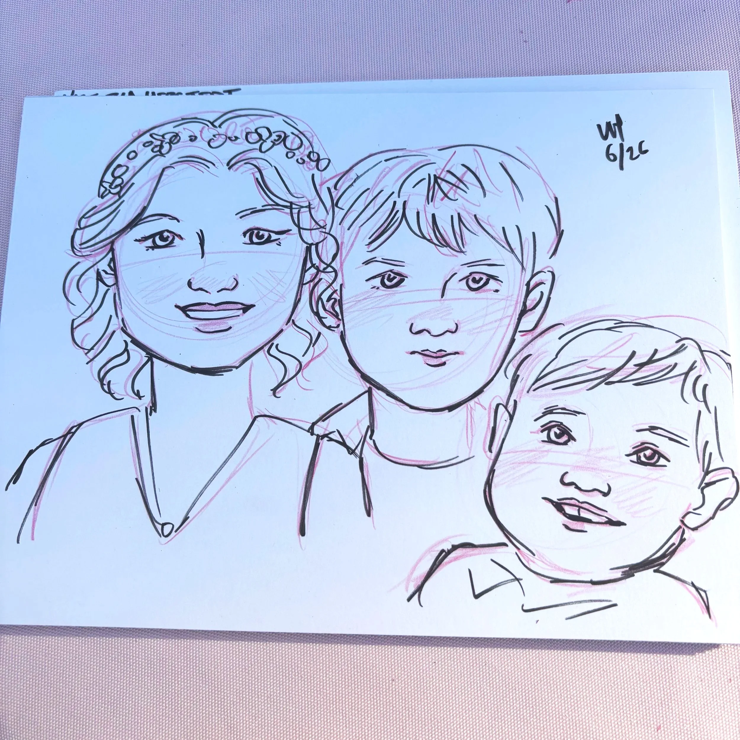 A black pen and red pencil live portrait illustration of three children guests a wedding in Hubbard, Oregon at CedarVale events.