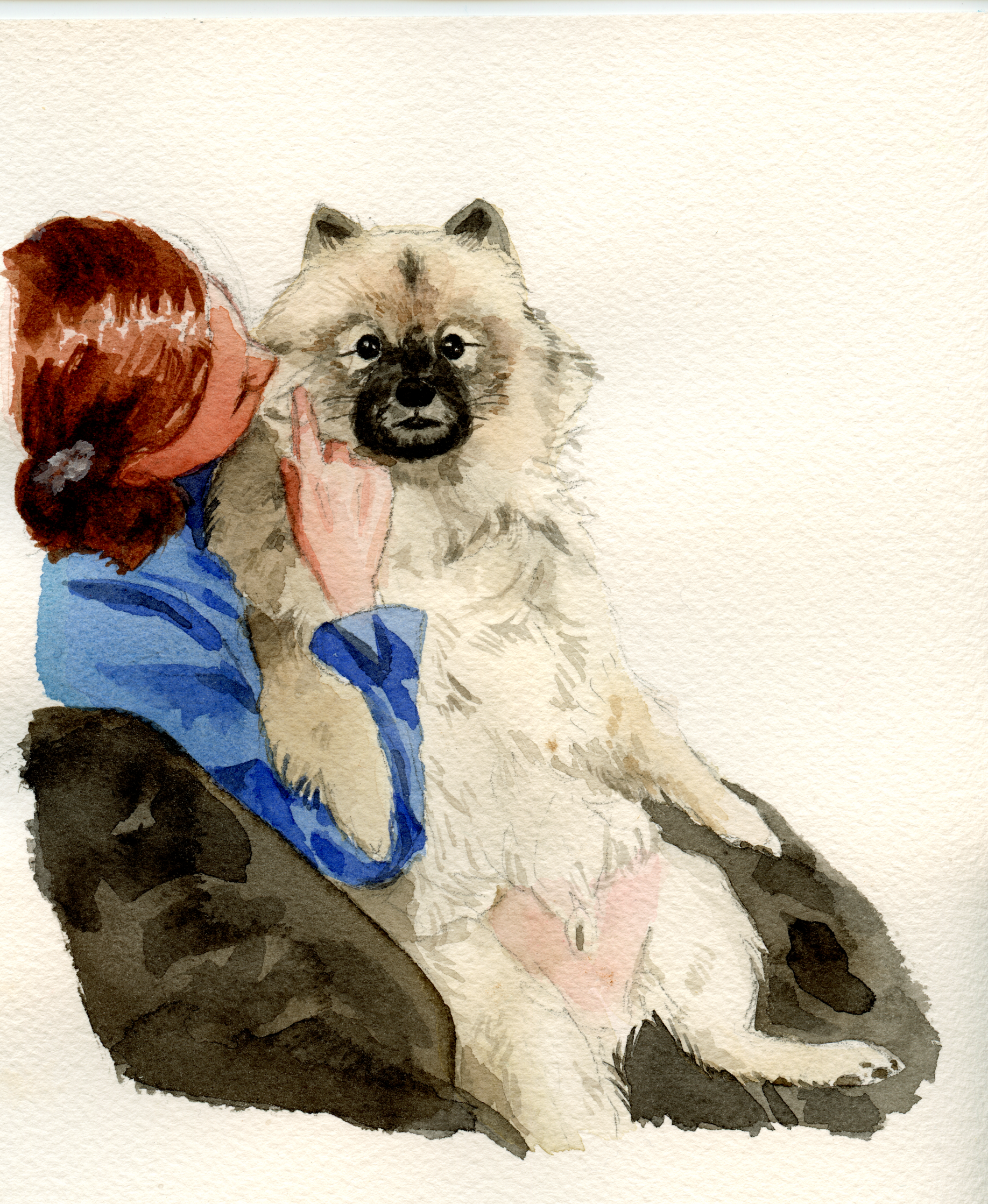 Woman and keeshond spitz dog portrait painting fine art watercolors, watercolour watercolor 
