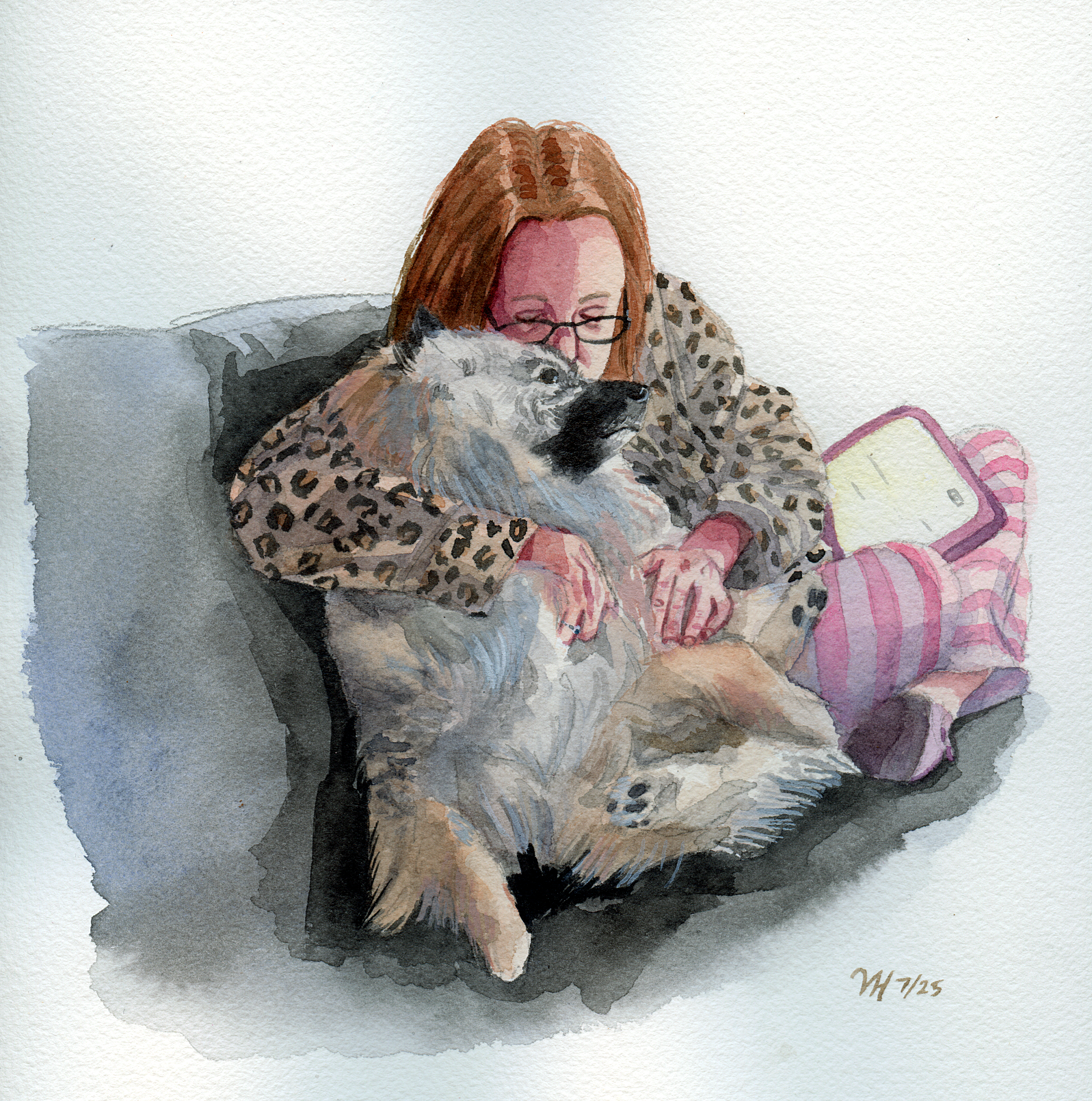 Woman and dog portrait painting. Keeshond, fluffy dog, spitz.