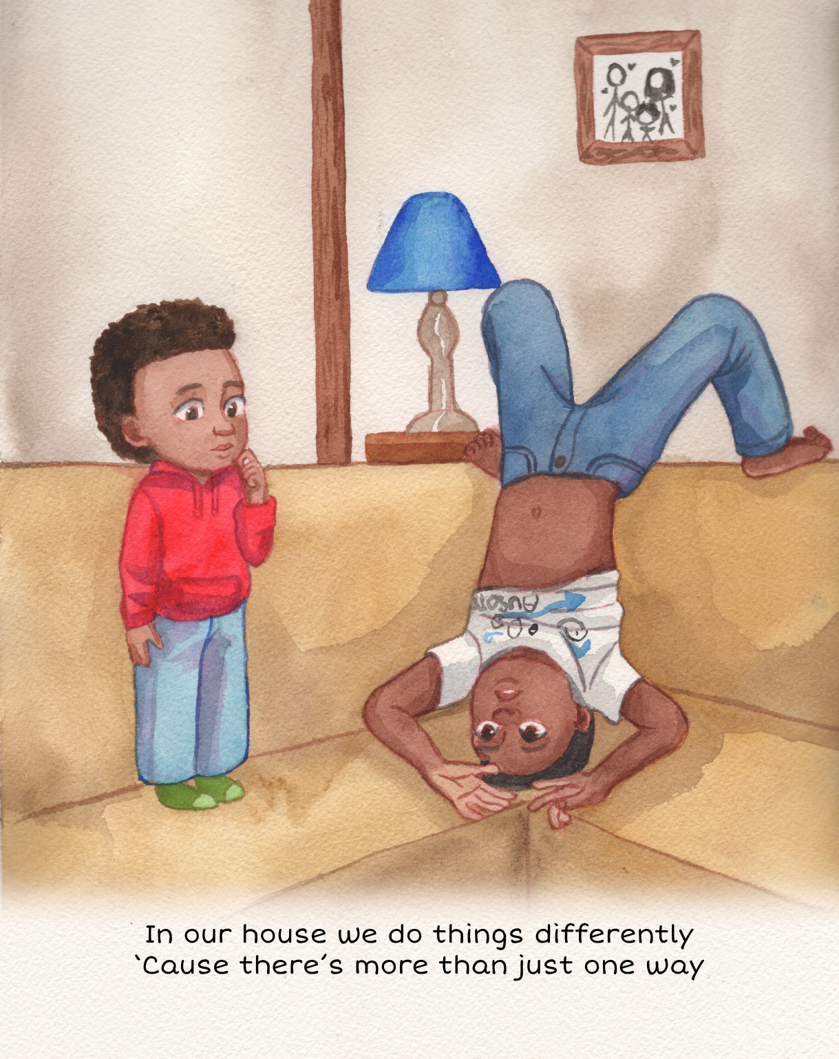A girl and a boy in a living room; the boy is upside down on a yellow sofa with his head on the floor and legs on the armrest, while the girl stands nearby with a thoughtful expression.
