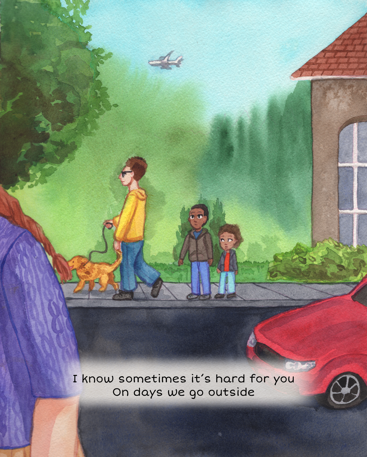 A watercolor illustration of two children and a woman walking outside on a sidewalk. The woman is holding a leash with a small, orange dog. Two boys are behind her, and there is a red car parked nearby. In the background, trees and a house are visibl